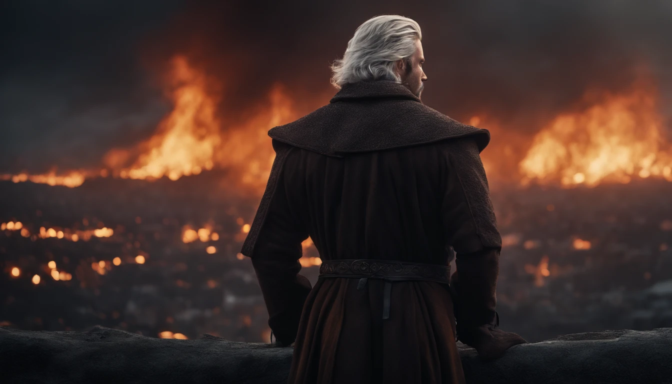 A handsome young man with medium silver hair looking at the fiefdom and the burning city, roupas medievais simples, ruas em sangue, Planting Flames, reddish sky, it's at night, total destruction, Dark setting, Dark setting, ultra-realistic, Estilo de desenho Guweiz, Landscape, 8k, inverno, Dramatic Particles, melhor qualidade,4k,8k,alto,master part:1.2,ultra-detalhado,Realistic:1.37, fiery particles, wallpaper.