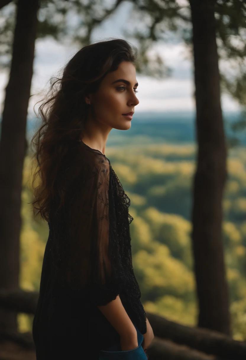 Young woman with dark hair on shoulders wearing camera hanging around neck passing and contemplating landscape 2000s style, creative and stylish look