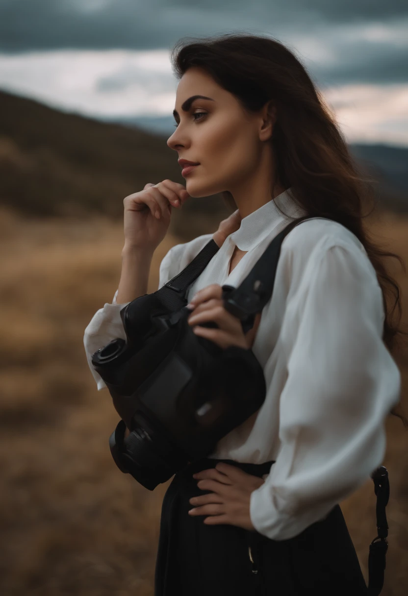 Young woman with dark hair on shoulders wearing camera hanging around neck passing and contemplating landscape 2000s style, creative and stylish look