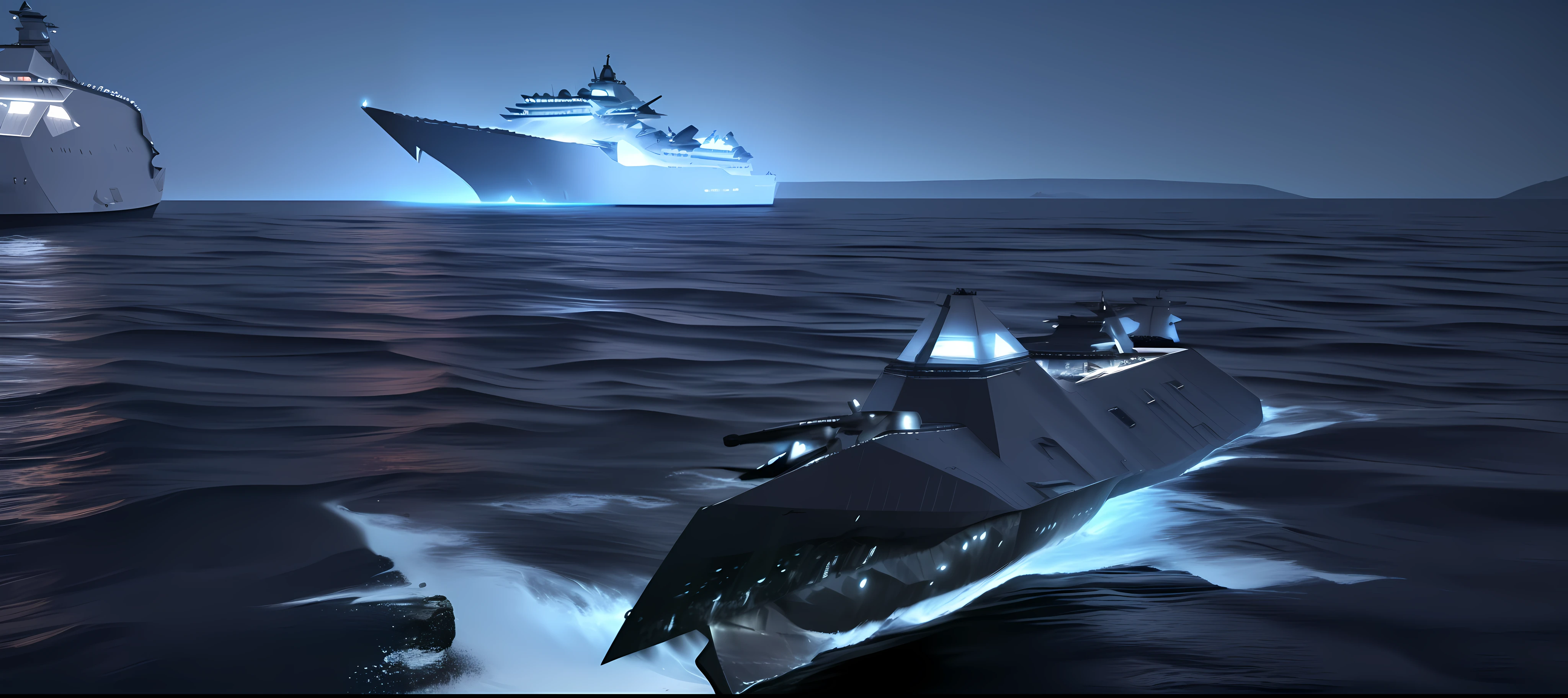 arafed boat in the water with a light on it, rendering of checkmate, realistic warship design, concept boat, realistic military destroyer, 5th gen fighter, sharp render, sulaco star destroyer drop ship, lockheed concept art, stardestroyer in the background, automated defence platform, finalrender, depicted as a 3 d render, cgi rendering, final render