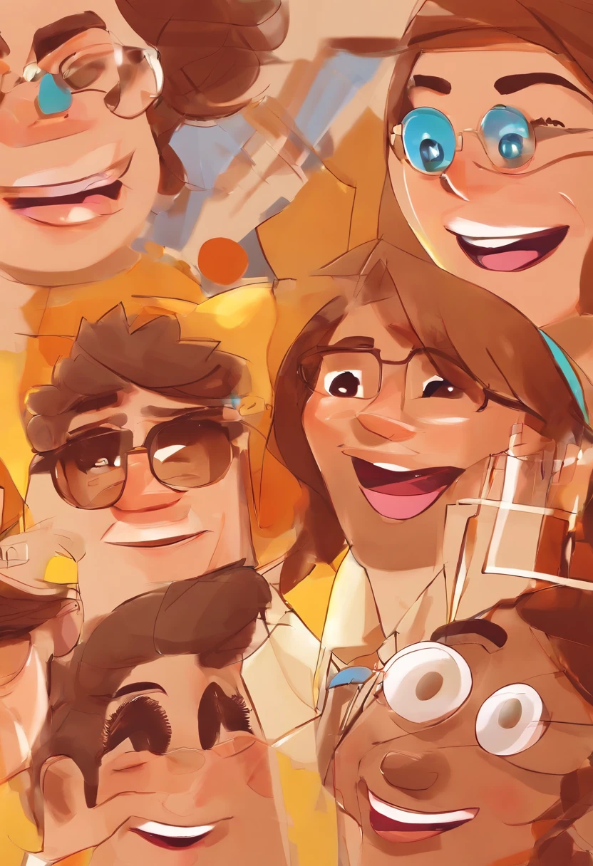 An illustration of an adorable couple, Highlight for a man in light brown glasses and a black woman with beautiful expressive brown eyes - the man's skin is white and the man's hair is straight and blond, while the woman's skin is brown and the woman's hair is curly and short. They are a bright room, cada um com um sorriso no rosto, e compartilhar um momento especial caracterizado pelo amor, Insights. Illustrate this scene from a perspective where they are facing the camera, Smiling and Showing Your Connection. Desenvolva esta arte em Full HD, Focus on your cinematic touch, Estilo Disney Pixar Animations