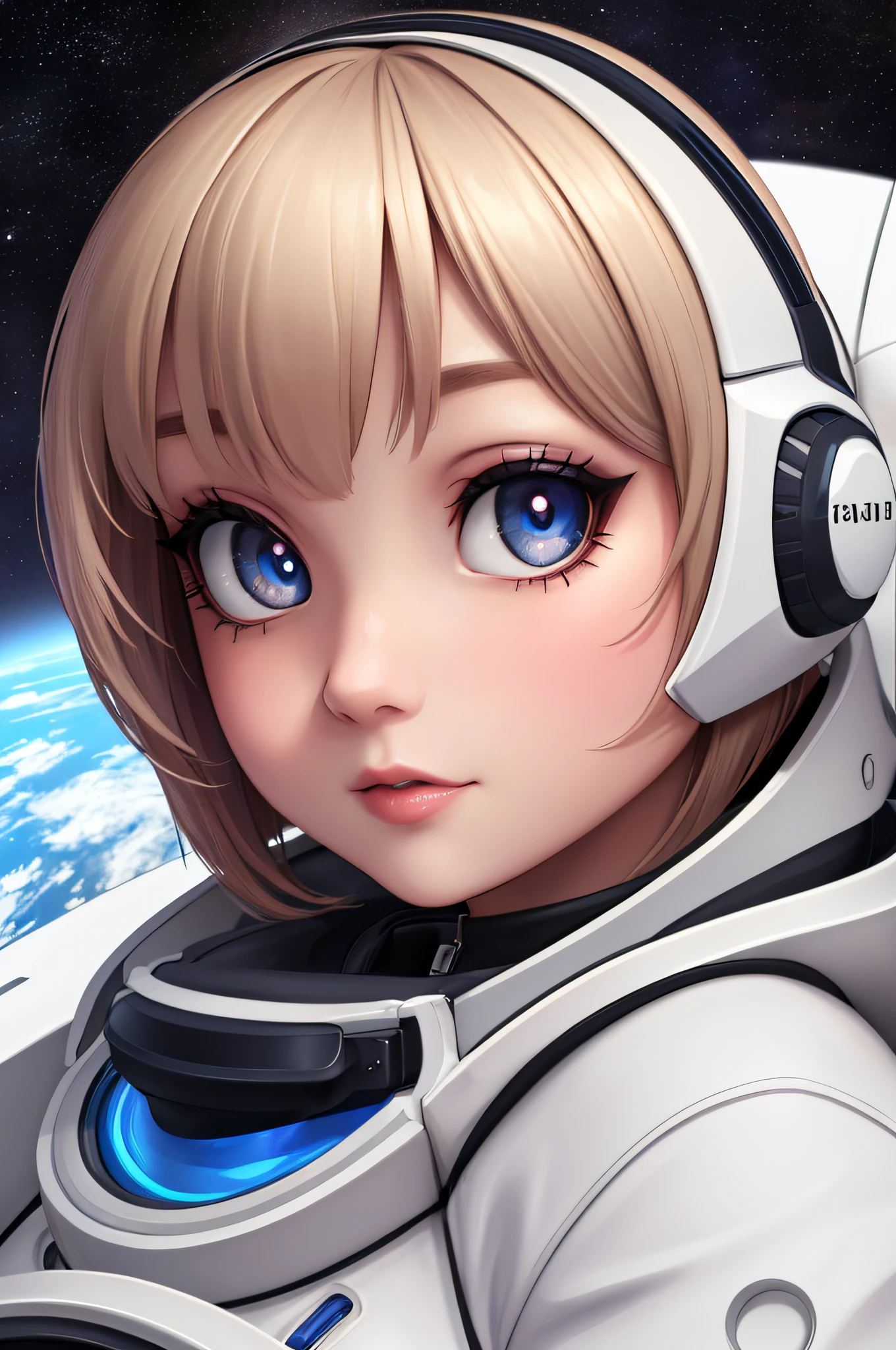 8K, RAW, best quality, masterpiece, ultra high res, colorful, extremely detailed eyes and face, beautiful detailed eyes, pretty chubby woman in spacesuit holding a map