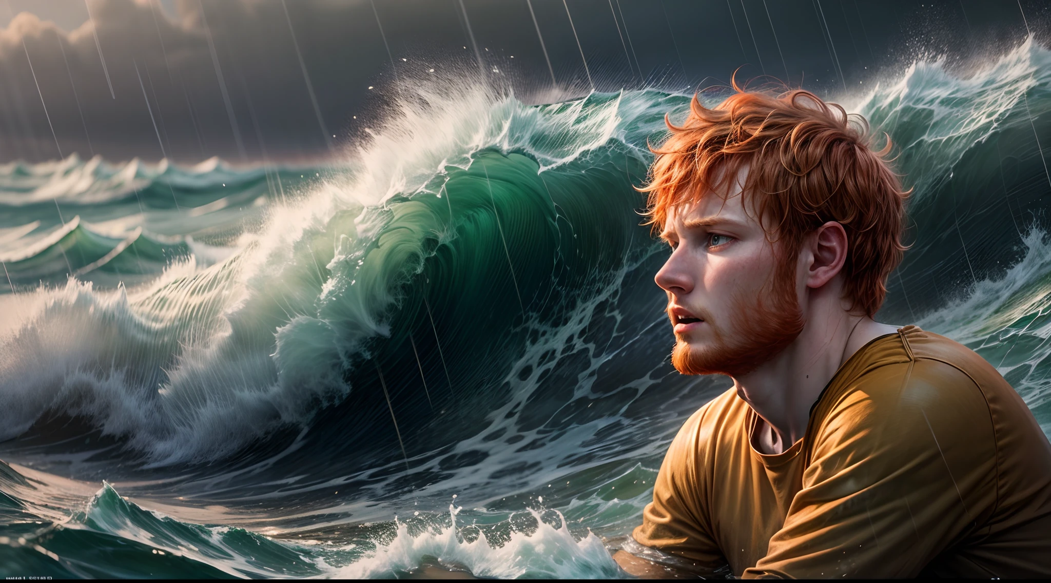 high details, best quality, 16k, RAW, [best detailed], masterpiece, best quality, (extremely detailed), full body, ultra wide shot, a ginger hair man ed sheeran in the sea, rains heavily, sadness waves, scenic