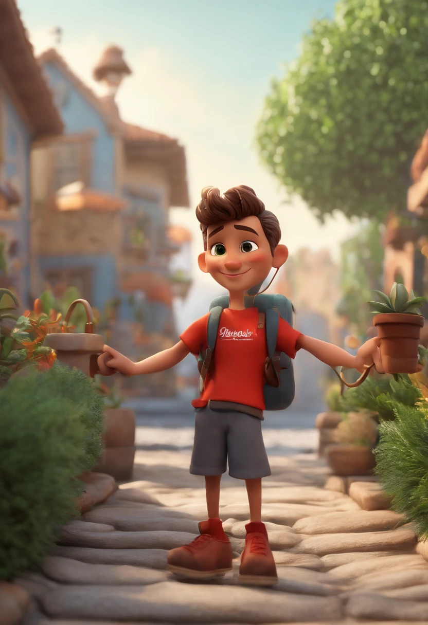 Personagem de desenho animado de um homem usando headphone e uma tshirt vermelha, usando mochila verde de UberEats, alegre, sorridente, cabelo liso preto, homem branco, um personagem animado, Caractere estilizado, animation style rendering, 3D estilizado, Arnold Maya render, 3 d render stylized, toon render keyshot, Personagem 3D, Personagem 3D, 3d rendering stylized, 3 d character render, personagem de desenho animado, Personagem de close up, Pose de personagem, (Estilo Pixar) (master part:1.2) (Bokeh) (best quality) (pele detalhada) (textura detalhada) (8k) (argila) (Cinematic lighting) (foco nítido,Senta e vaza a parte superior do corpo