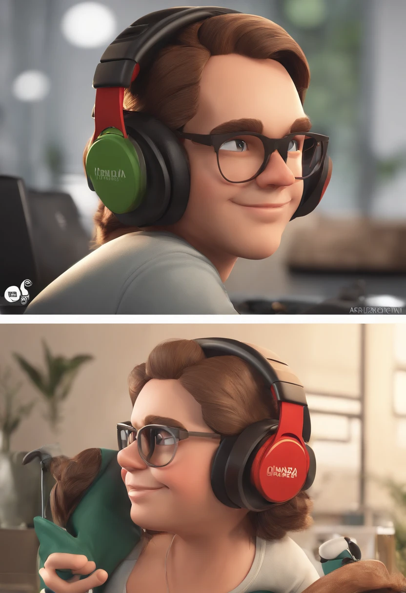 Personagem de desenho animado de um homem usando headphone e uma tshirt vermelha, usando mochila verde de UberEats, alegre, sorridente, cabelo liso preto, homem branco, um personagem animado, Caractere estilizado, animation style rendering, 3D estilizado, Arnold Maya render, 3 d render stylized, toon render keyshot, Personagem 3D, Personagem 3D, 3d rendering stylized, 3 d character render, personagem de desenho animado, Personagem de close up, Pose de personagem, (Estilo Pixar) (master part:1.2) (Bokeh) (best quality) (pele detalhada) (textura detalhada) (8k) (argila) (Cinematic lighting) (foco nítido,Senta e vaza a parte superior do corpo