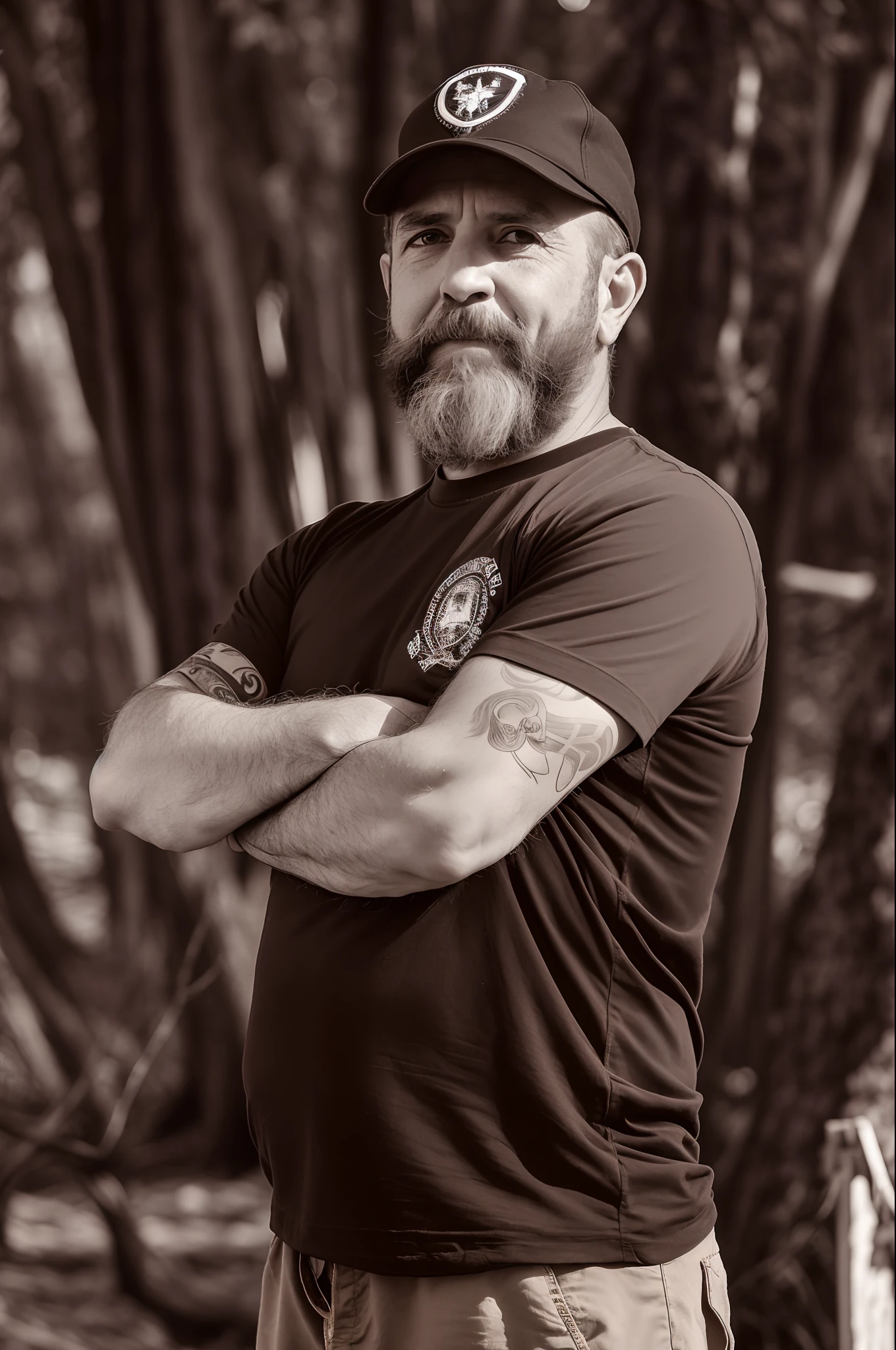 There's a man with a beard and a hat with his arms crossed, Retrato de um guerreiro robusto, imagem retrato, 4 0 anos, foto ao lado, foto retrato, Retrato no meio da foto, foto de retrato, Directed by: Brian 'Chippy' Dugan, Candid portrait photo, foto de retrato detalhada, Basic photo, foto retrato, Directed by: Felipe Seade