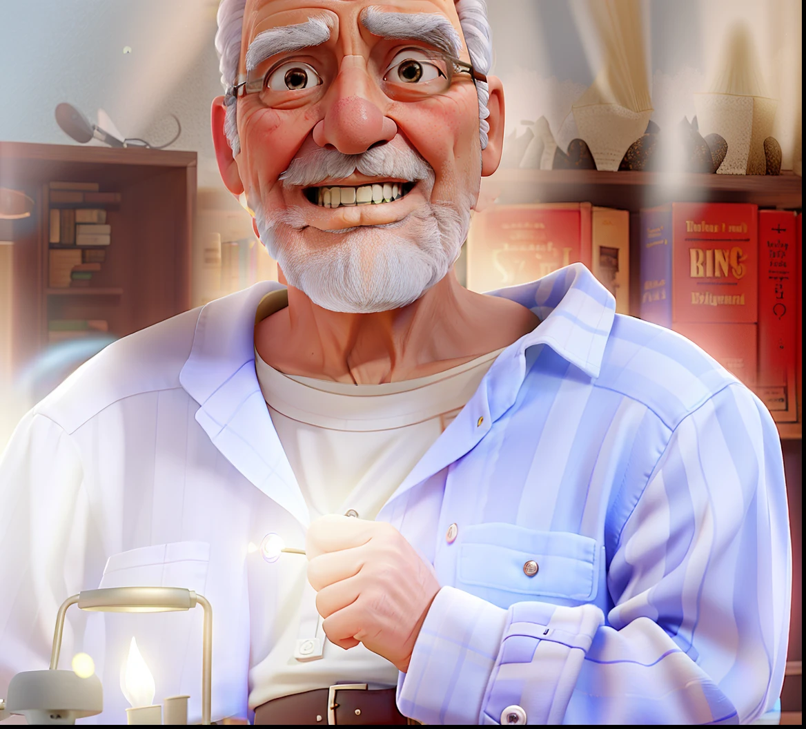 A wise old man standing in front, illuminated by the light of a lamp, against the backdrop of a library