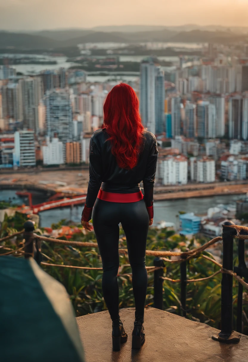 Black widow style humanoid arachnid, Asian style streetwear clothes, with the city of RECIFE in the background