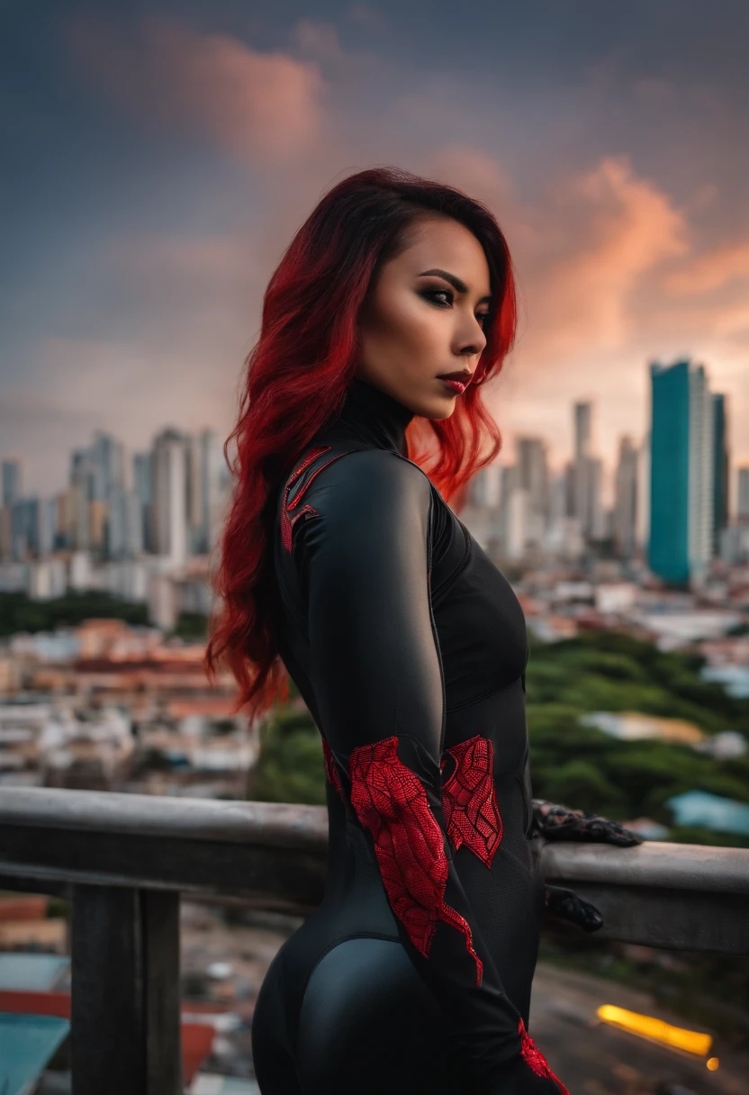 Black widow style humanoid arachnid, Asian style streetwear clothes, with the city of RECIFE in the background