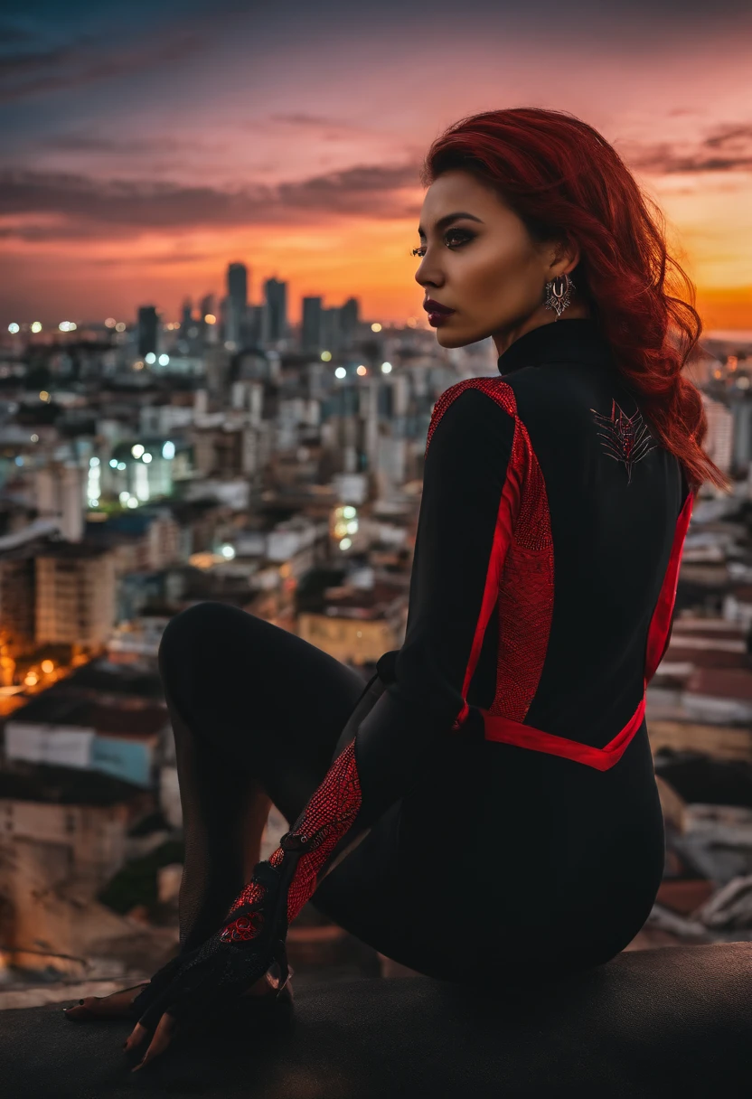 Black widow style humanoid arachnid, Asian style streetwear clothes, with the city of RECIFE in the background
