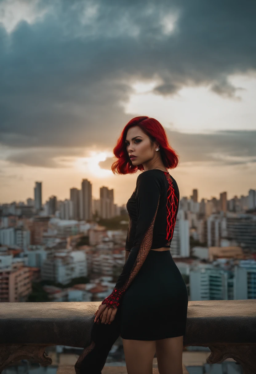Black widow style humanoid arachnid, Asian style streetwear clothes, with the city of RECIFE in the background