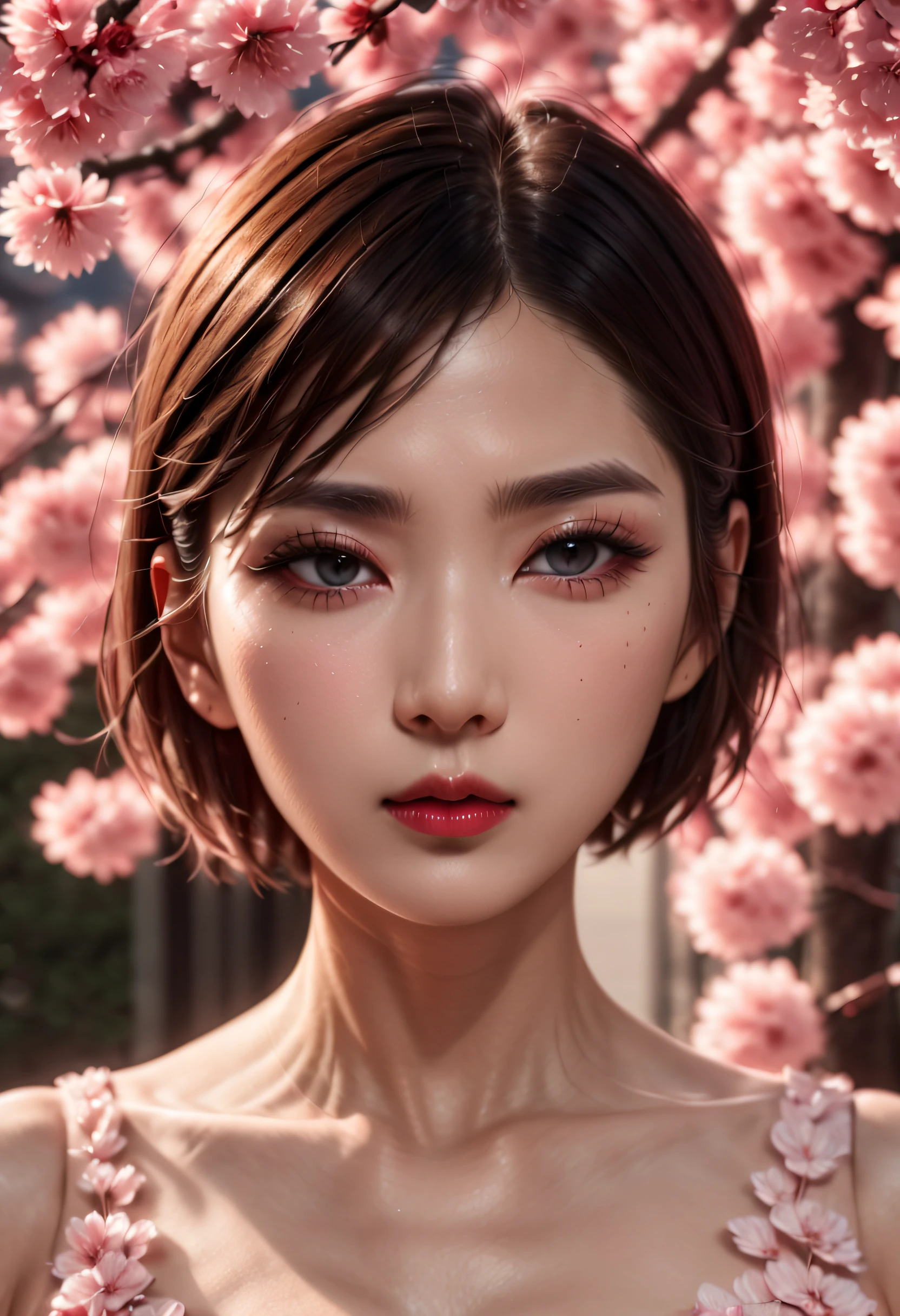 beautiful japanese young woman, thick symmetrical features, very short hair, background is cherry blossoms, pink aura, red lips, octane render,