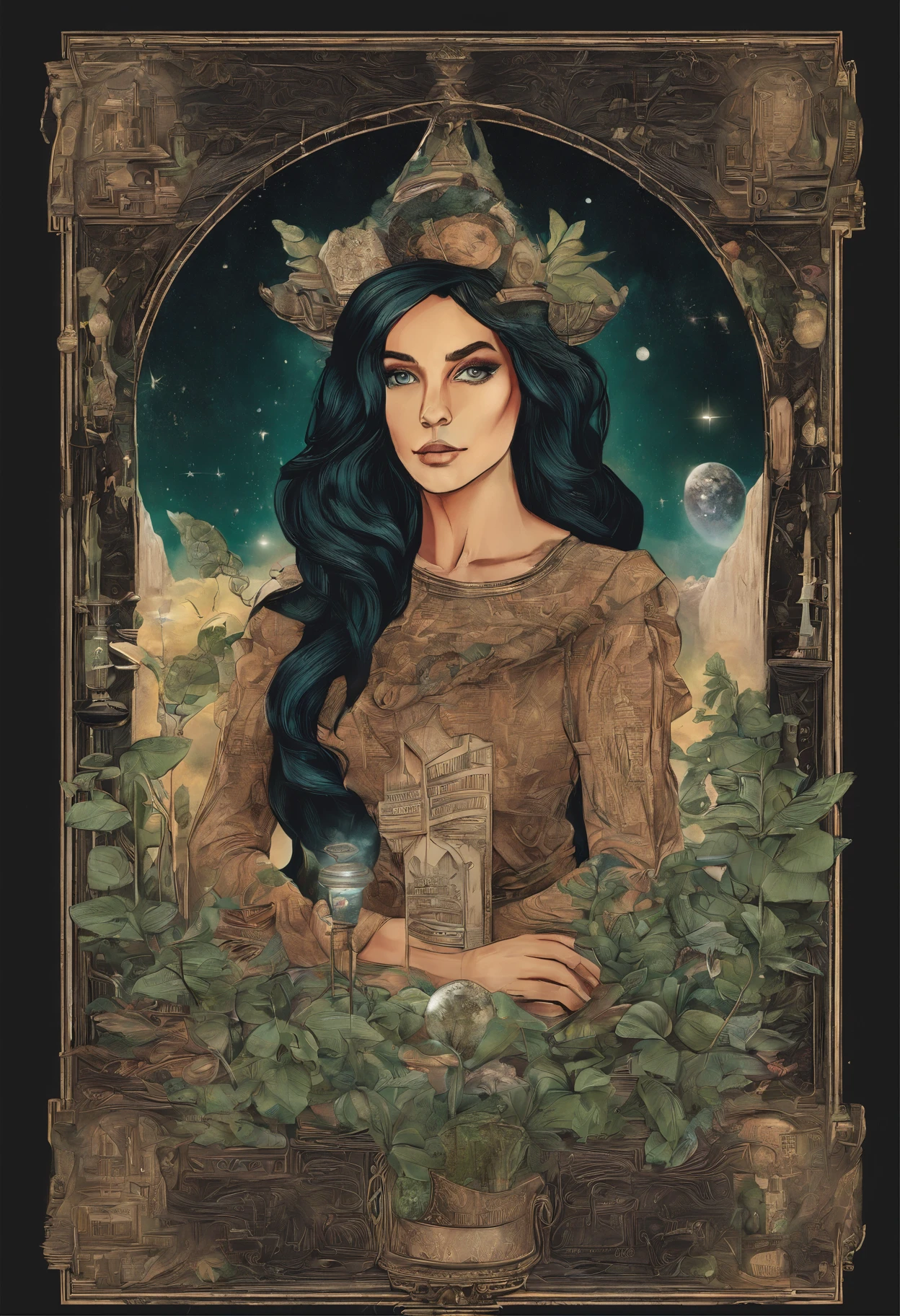 milky way environment, A Beautiful Natural Witch, with medium and black hair, olhos verdes e sexy. In the middle of a room full of magic potions, witch cauldron, cristais e cartas de tarot. A magical herbarium and many plants, luzes coloridas, fotografia surreal, Retrato