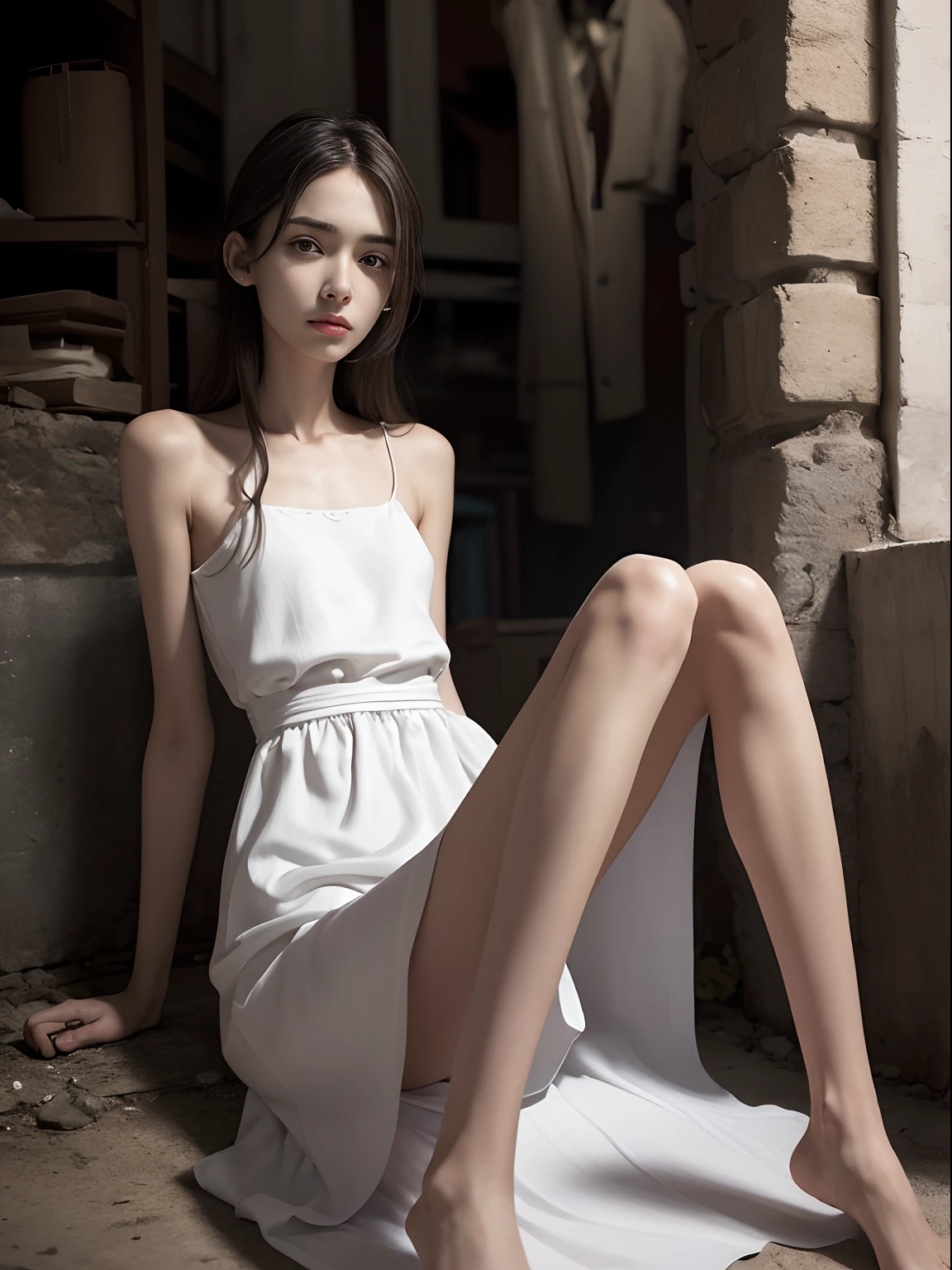 (Photorealistic),(Masterpiece),(ultra-detailed),a very pretty 20 year old girl who has not eaten for 10 years, extremely thin and frail, arm and legs extremely thin as a stick with no fat, extremely malnourished,smiling faintly, feeling but enduring extreme hunger, wearing a long and loose white silk dress, long hair,big eyes, extremely small face,have no fat,extremely weak,whole body,extremely feeble,sitting,legs and thighs extremely thin as arms,have almost no energy because she is extremely starving and malnourished, struggling to sit up,almost starving to death