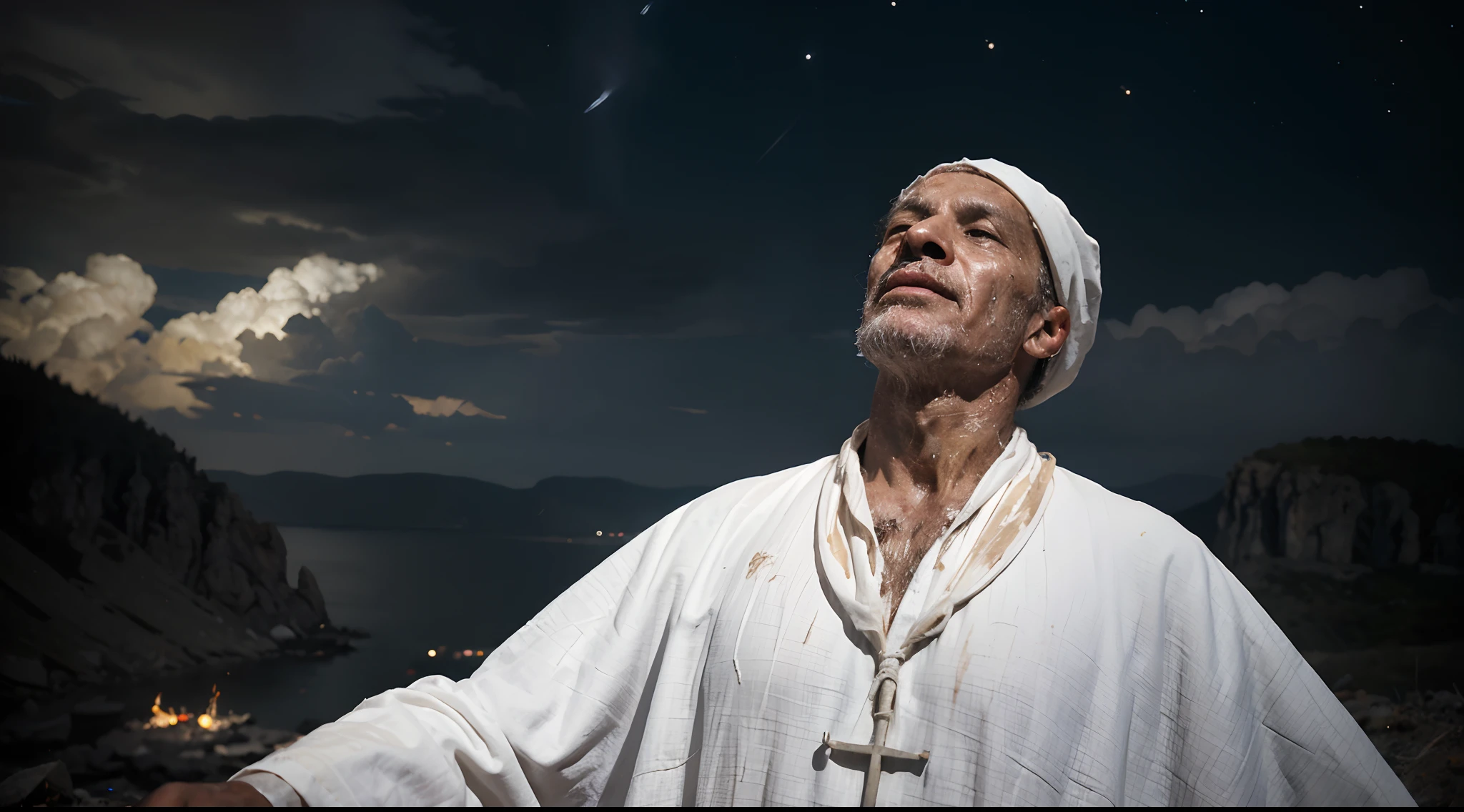 apostle john(old man in white robes),(dirty),(poor),(messy),looking up to the dark sky(in the mid night),he witness the vision from God(very bright),(shining from above)(with fire and thunders)he is on top mountain of an island