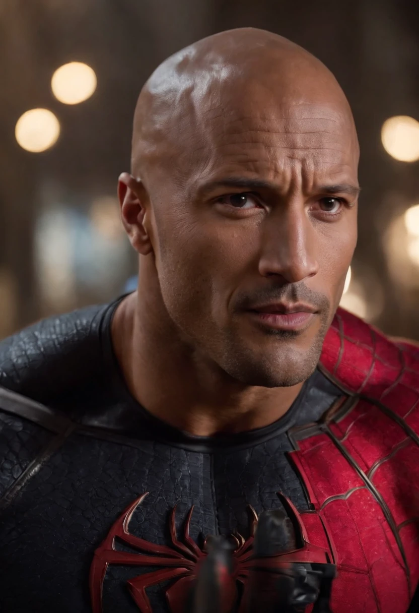 . .Estilo Tarantino Dwayne Johnson como Homem-Aranha 8k, High definition, Rosto detalhado, Rosto detalhado, Olhos detalhados, terno detalhado, No estilo da Marvel e DC, hyper-realistic, + Cinematic Shot + dynamic compositing, incrivelmente detalhado, sharpen, Detalhes + Detalhes soberbos + Noite com Luz + perfeccionismo + realismo premiado ((Moody Lighting))
