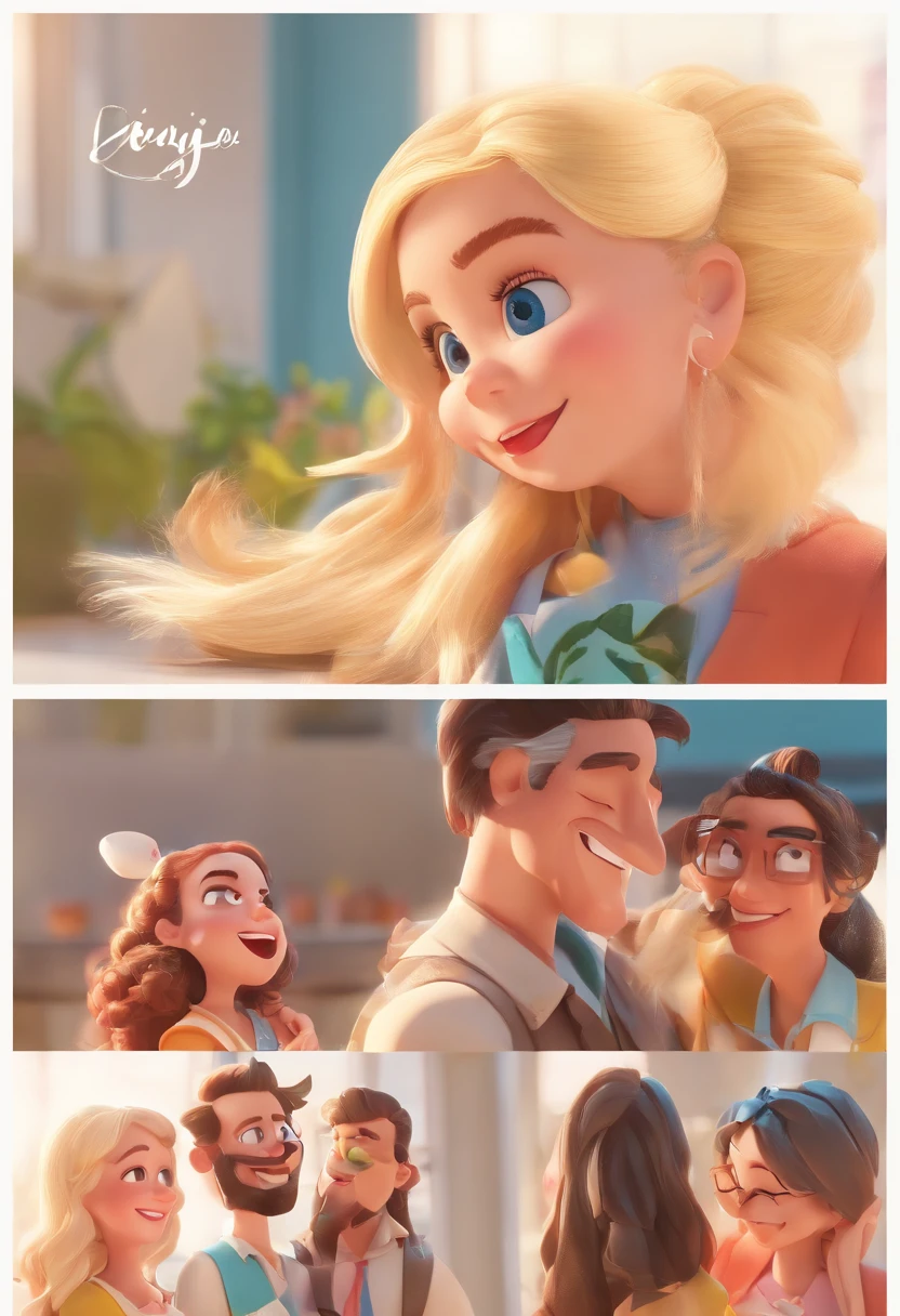 An illustration of an adorable couple, Highlighting a man and a woman with beautiful, Expressive eyes – the man's hair is bald and brown and he has a full beard, while the woman's hair is pinned up in a bun and blond. Sie sind ein heller Raum, Everyone with a smile on their face, und teilen Sie einen besonderen Moment, which is marked by love, Reis, and pedagogical insights. Illustrieren Sie diese Szene aus einer Perspektive, in der sie von der Kamera abgewandt sind, Zeigen Sie Ihre Verbindung. Entwickeln Sie diese Kunst in Full HD, Konzentriere dich auf deinen cineastischen Touch, Disney Pixar Animationen Stil