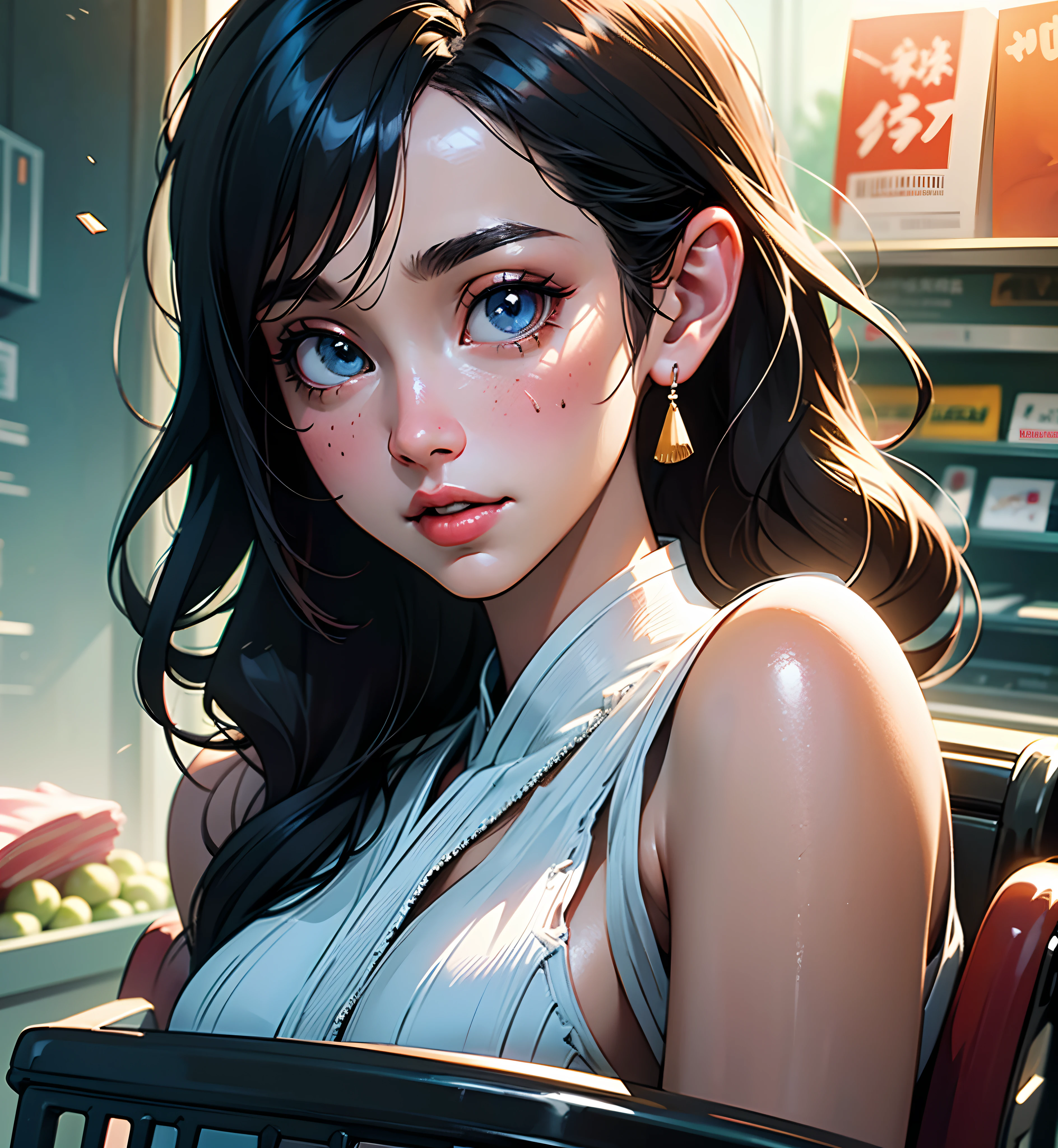 (best quality,4k,8k,highres,masterpiece:1.2),ultra-detailed,(realistic,photorealistic,photo-realistic:1.37),vivid colors,bokeh,portraits,anime,shopping,supermarket,bright lighting,aesthetic composition,anime style,elegant clothing,shopping cart,colorful environment,attractive facial features,lively expression,dynamic pose,long hair flowing,timeless beauty,meticulously designed eyes and lips,breathtaking background,eye-catching merchandise,shelves filled with various products,tastefully arranged aisles,sunlight streaming through windows,playful interaction with items,expressive eyes,expressive lips,lifelike textures,delicate fabric folds,fine lines and wrinkles,sparkling eyes,fascinating facial expression,happy and contented facial expression,attention to small details,manga-inspired illustration