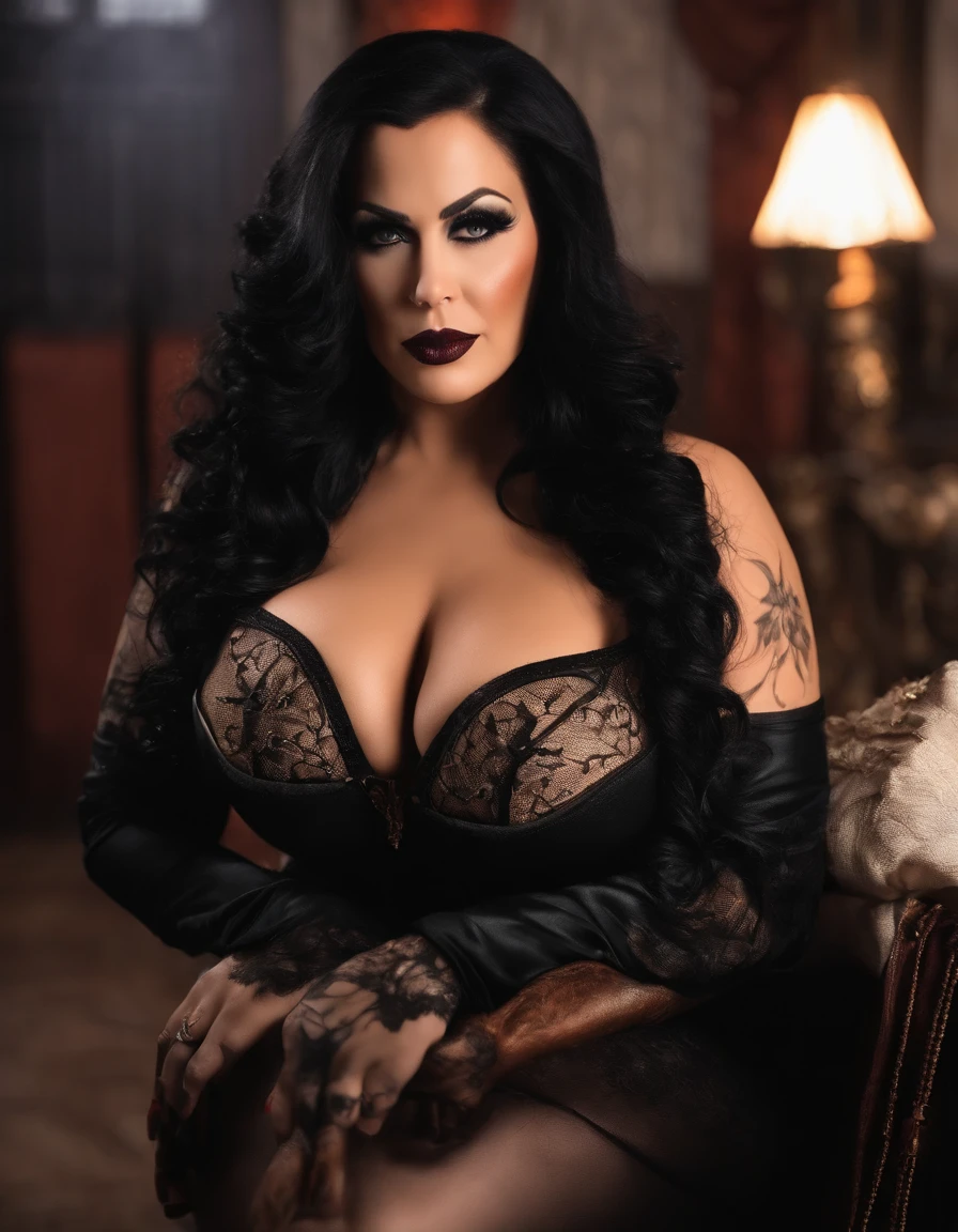 Dominatrix acima de 40 anos,mulher com 60 anos, BBW, rugas, pose for selfie not Instagram, Tattooed with heavy makeup of long black and black hair looking at camera, foto detalhada, lifelike lighting, Pele real de alta qualidade: 1.4, Improved cinematic lighting: 0.9,hiper-realista: 1.4, (soft-lighting: 1.05) figura movimentada，Homem-Imponente, rugas, intimidando a mulher, pose dominante sexy, domination, There are slave-owning rulers, amante, BDSM