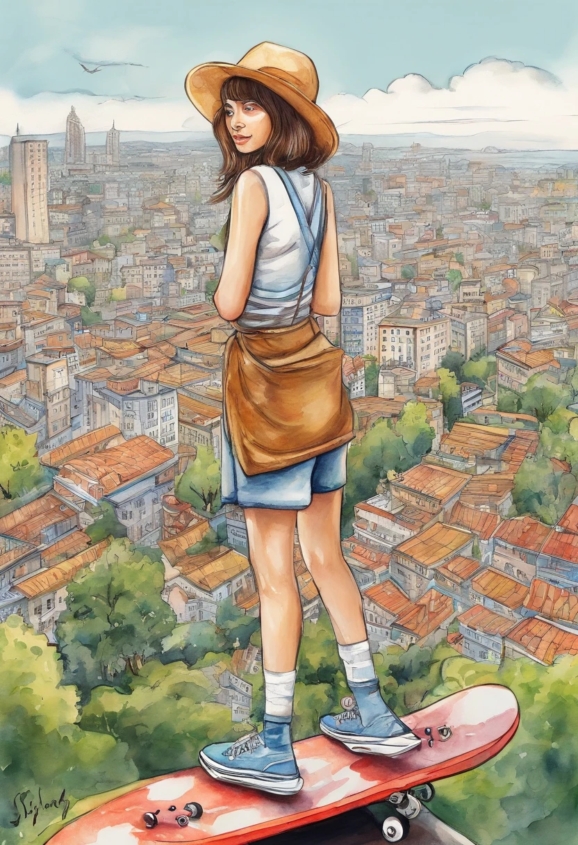 A girl is on a skateboard，Voe no ar，overlooking the city of Sao Paulo ，There are clues around the city。Apresenta uma perspectiva olho de minhoca，Based on the works of Eiichiro Nakaoda from the weekly shōnen《one piece》The cover art style is style。