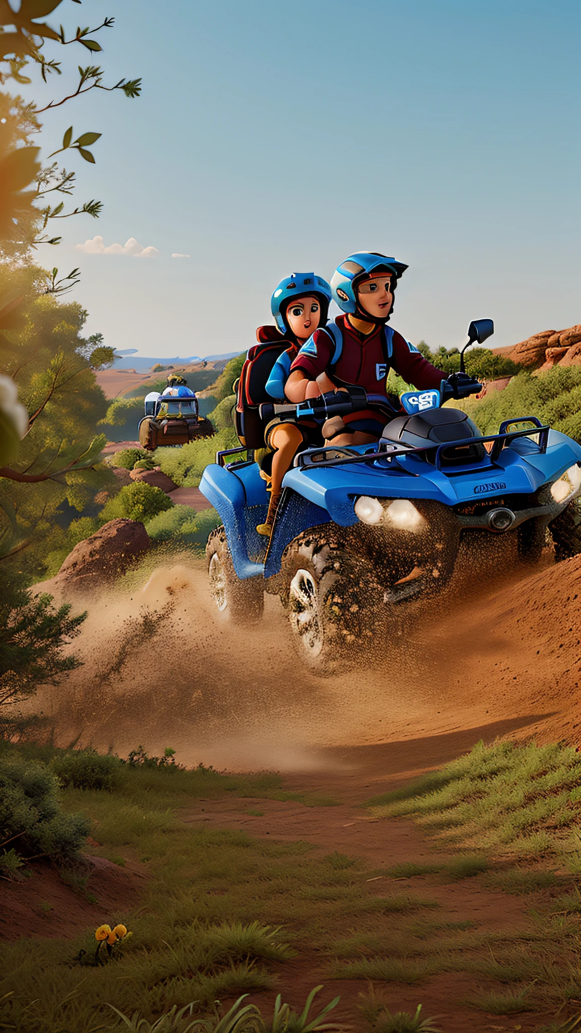 Couple in quad bike on adventure with Disney Pixar style helmet