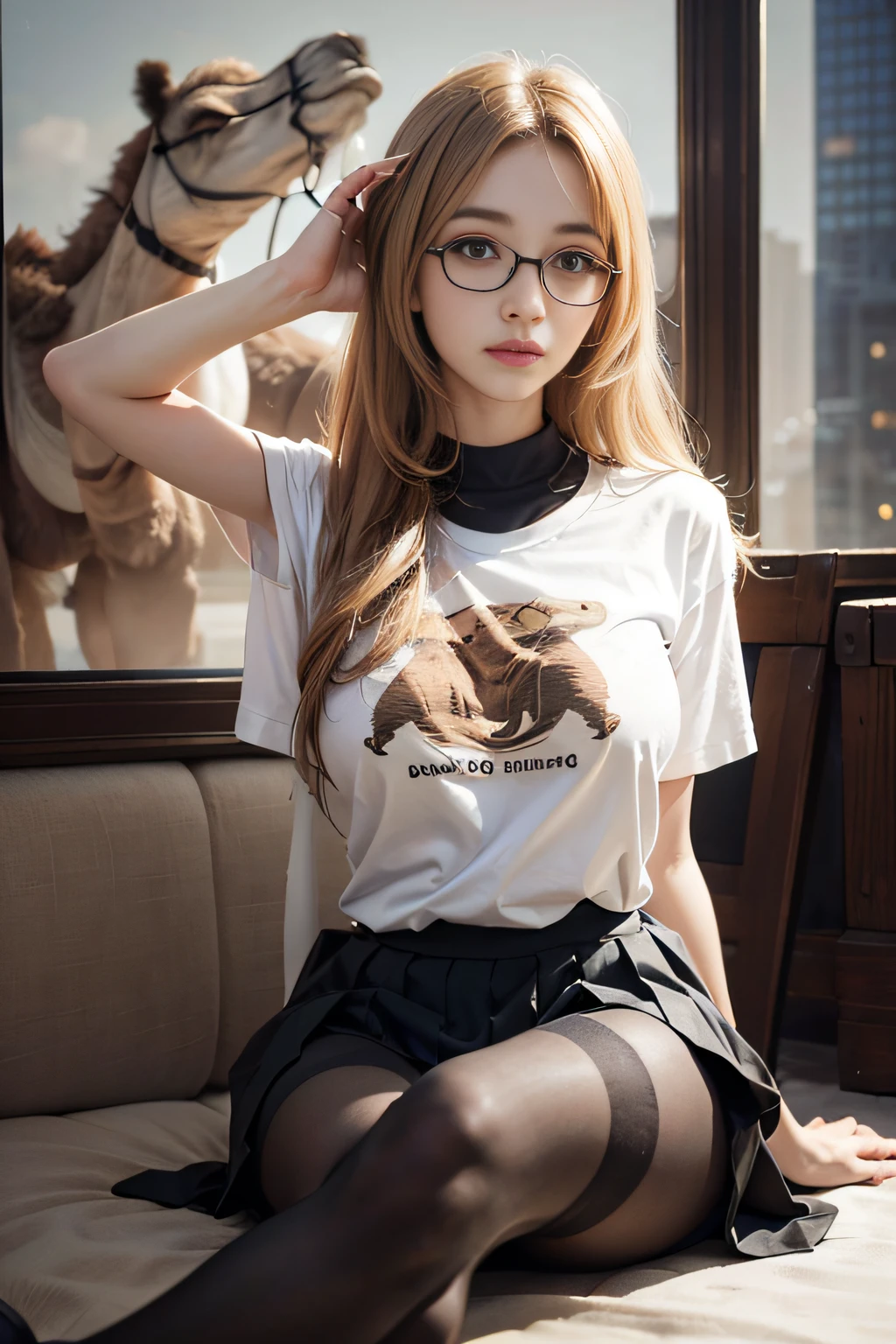 ulzzang -6500-v1.1,(Raw photo:1.2), (Photorealistic:1.4), Beautiful detailed girl, Very detailed eyes and face, Beautiful detailed eyes, Ridiculous, Incredibly ridiculous, Huge file size, super detailed, High resolution, Very detailed, Best Quality, masutepiece, ((T-shirt)), Illustration, Very detailed, nffsw, unified, 8K Wallpaper, amazing, Fine details, masutepiece, Best Quality, Highly detailed ticker unification 8k wallpaper, Face Light, Movie Lighting, 1girl in, 16 years old, long white hair, side split, (The same beautiful breasts), ()), (with glasses), (Dynamic Pose), (Sexy Pose), ((Camel toe))), (Full Body Angle), ((pantyhose)), ((Black hip skirt)), (Bent knees)