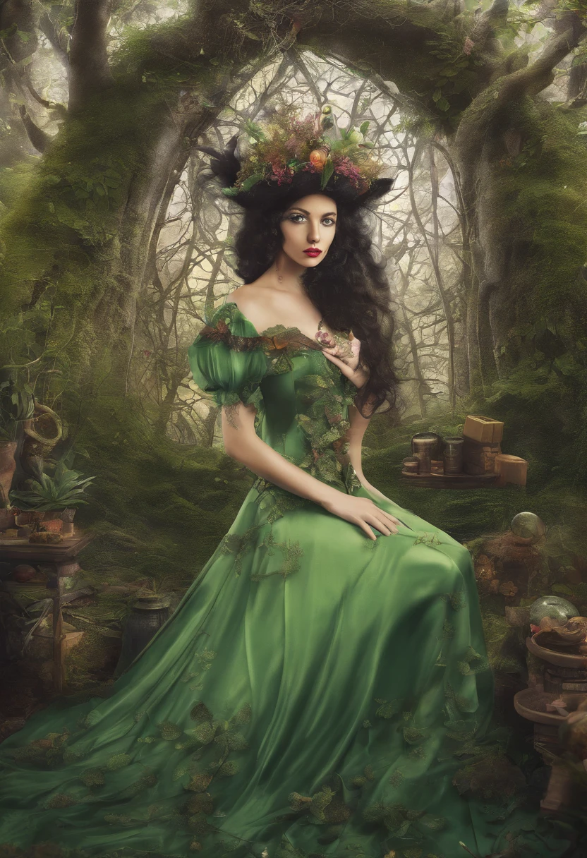 milky way environment, A Beautiful Natural Witch, with medium and black hair, olhos verdes e sexy. In the middle of a room full of magic potions, witch cauldron, cristais e cartas de tarot. A magical herbarium and many plants, luzes coloridas, fotografia surreal, Retrato