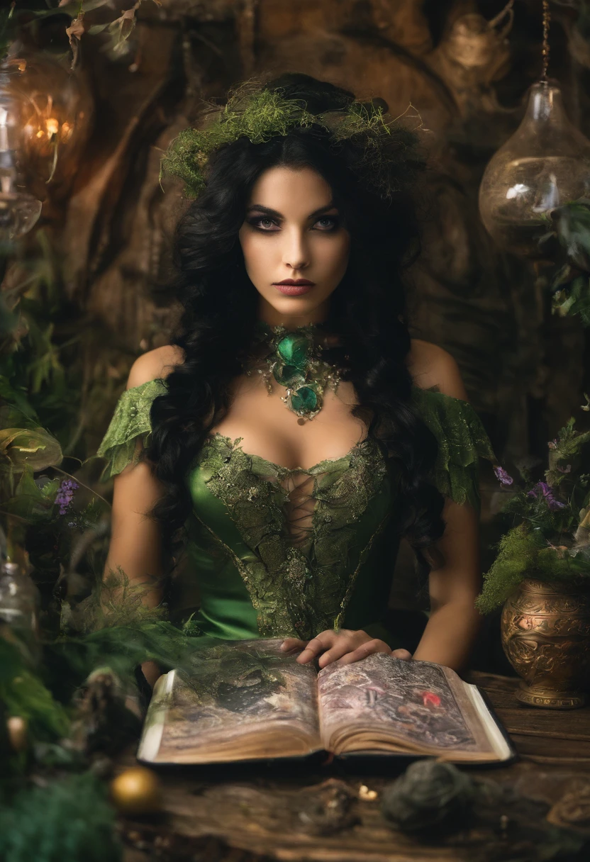 milky way environment, A Beautiful Natural Witch, with medium and black hair, olhos verdes e sexy. In the middle of a room full of magic potions, witch cauldron, cristais e cartas de tarot. A magical herbarium and many plants, luzes coloridas, fotografia surreal, Retrato