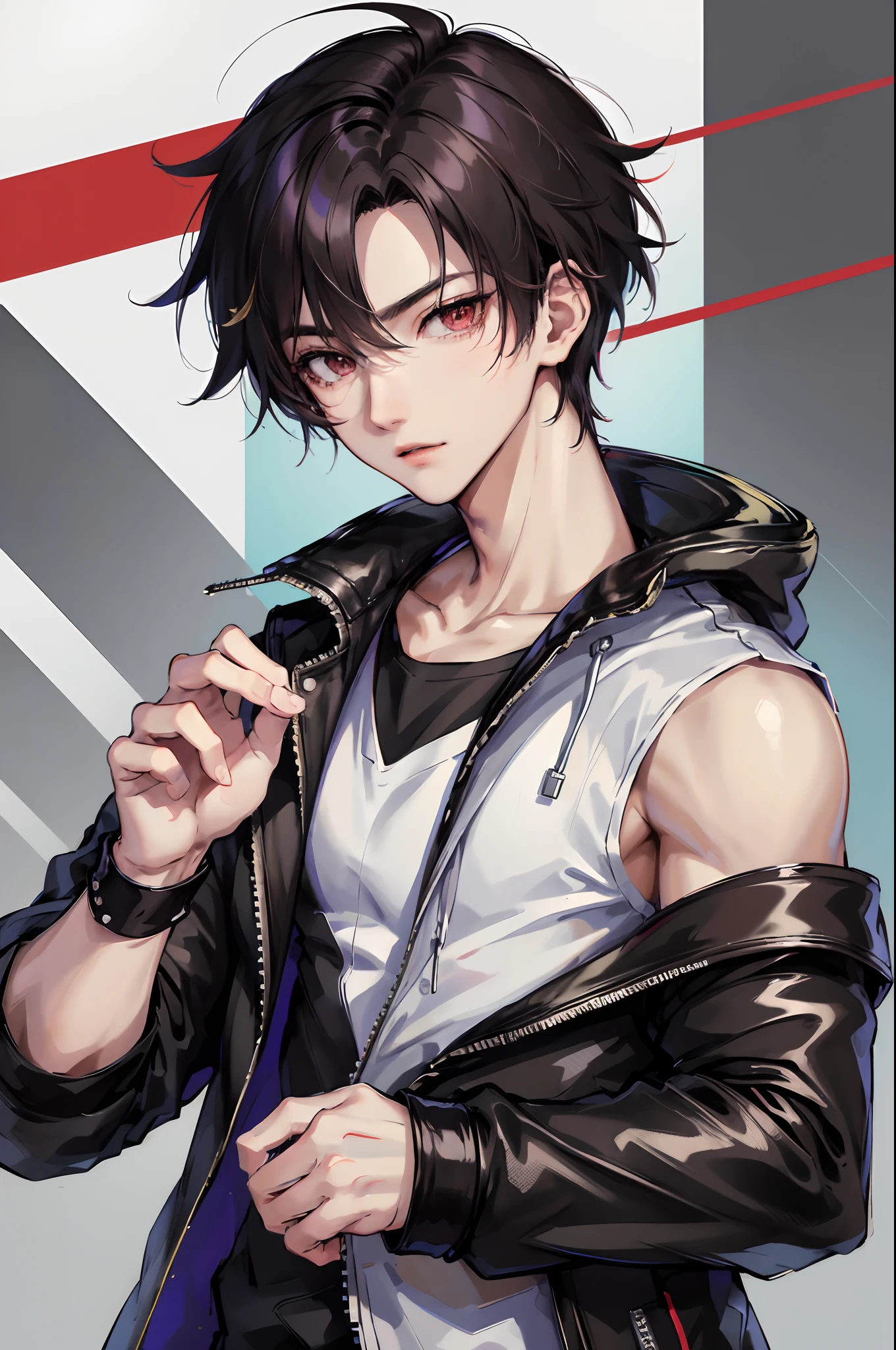 (((masterpiece))), (((best quality))), ((ultra-detailed)), (best illustration), (best shadow), ((an extremely delicate and beautiful)), official art, (artbook), extremely detailed 4k CG, original, (extremely detailed CG unity 8k wallpaper:1.1), (photorealistic), (illustration:1.1),
star night, starry sky, cyberpunk ,water splashing, solo, male focus, 1 detailed boy,
cow boy, cow horns, cow ears, brown hair, <lora:Z_Arknights_Bison:0.8>,
1boy, male focus, jacket, solo, purple eyes, shield, gloves, white background, pants, looking at viewer, full body, black shirt, simple background, white jacket, tail, shirt, black footwear, standing, cow boy, shoes, open jacket, bag, holding, open clothes, hair between eyes, bangs, backpack, short hair, hooded jacket, smile, black pants, sneakers, grey pants, hood, necklace, collarbone, weapon, jewelry, cow tail, closed mouth