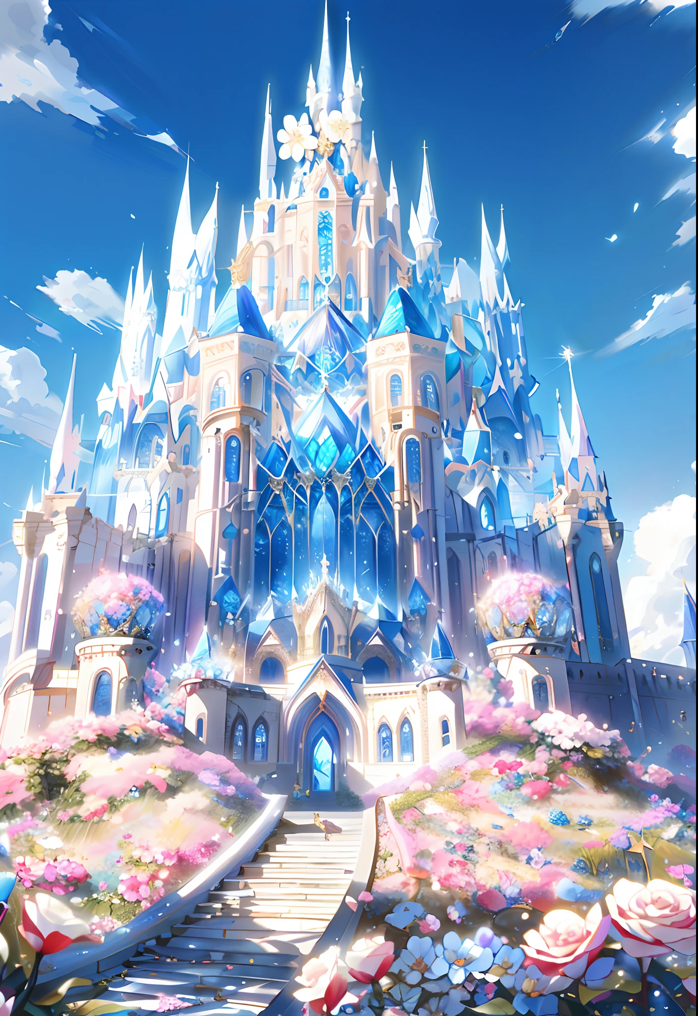 a large castle with a lot of flowers and a sky background, palace made with blue cristalised , beautiful fantasy anime, opalescent palace, light kingdom backdrop, high fantasy castle, palace floating in heaven, magical castle, fantasy castle, beautiful castle, anime fantasy illustration, anime background art, anime fantasy artwork, castle background, fantasy art style, anime background, cathedral background