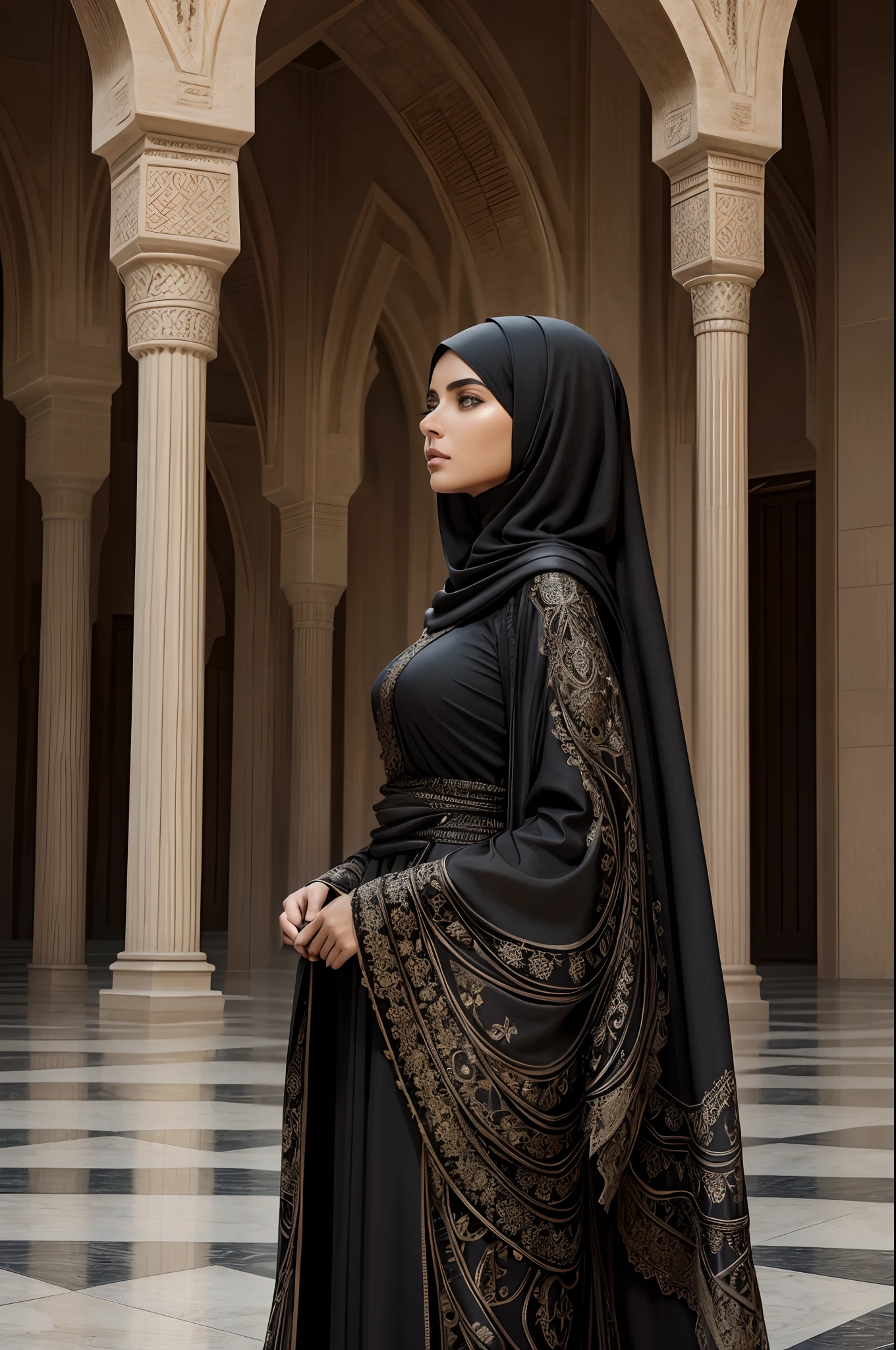 woman in black dress standing in front of a large building, african ameera al taweel, portrait shot, woman in black robes, dressed thobe, intricate details. front on, intricate detailing, subtle details, desert robe, filigran intricate details, finely detailed features, detailed face of an arabic woman, modest flowing gown, side view intricate details