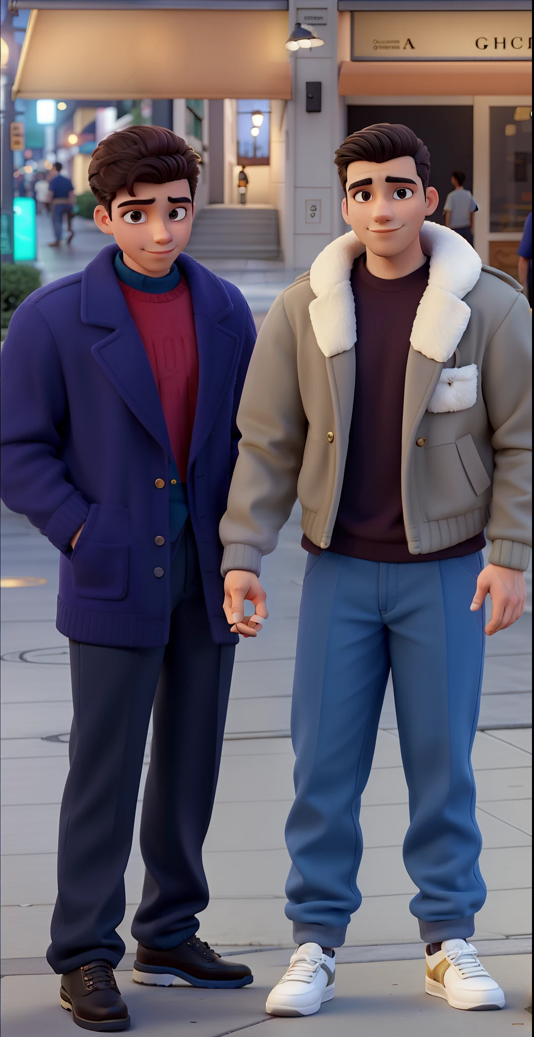 Two men on the sidewalk , illuminated by the light of a lamp, contra o pano de fundo de uma loja da gucci, with the title Os Gatões