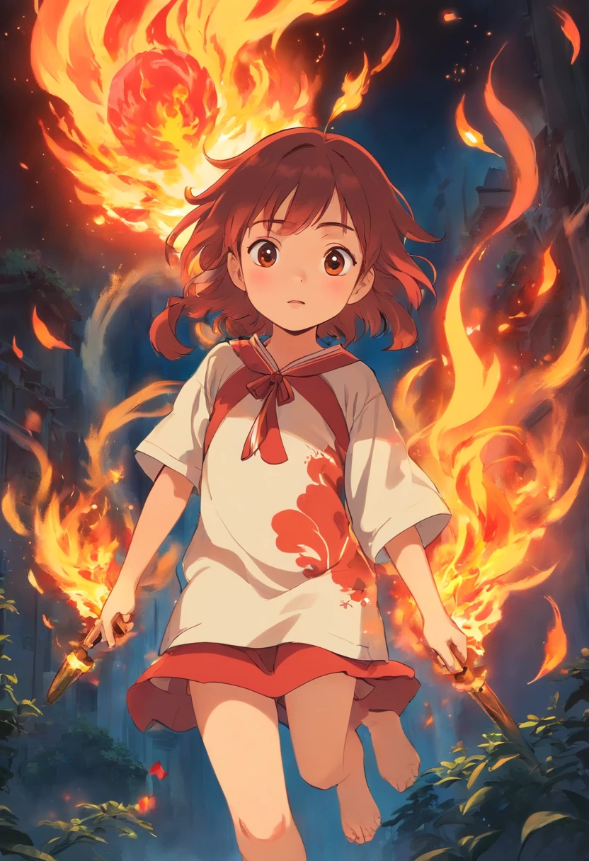Handsome girl,There are red tattoos on the body,Unleashes a fierce flame that burns everything around it