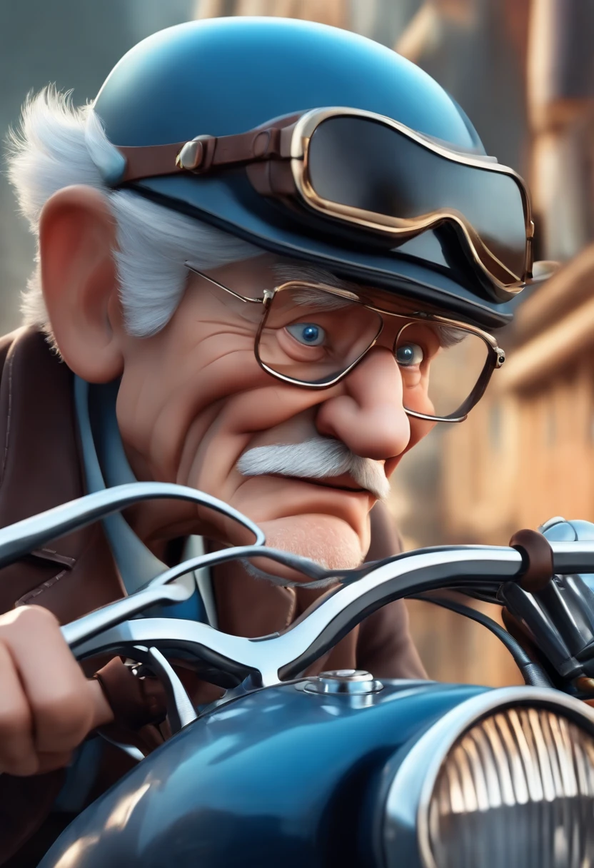 a 3D Disney Pixar style poster of an elderly man with blue eyes,  pilotando uma Harley Davison em um passeio de motocicleta