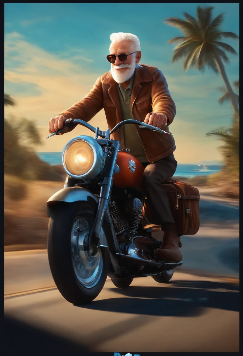 a 3D Disney Pixar style poster of an elderly man with blue eyes, pilotando uma Harley Davison em um passeio de motocicleta