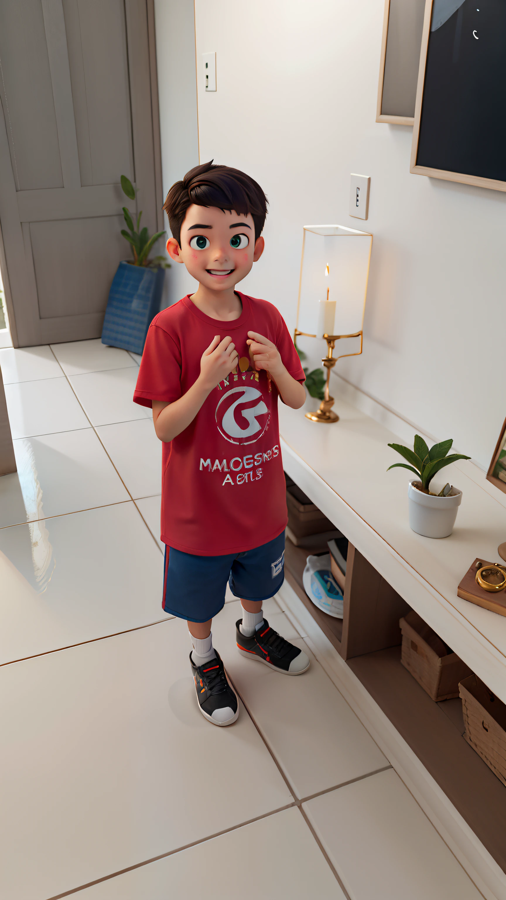 (best quality,4k,8k,highres,masterpiece:1.2), realistic, vibrant colors, detailed, a boy with short, straight and black hair wearing a Flamengo shirt, beautiful eyes, cute smile, playful expression, standing in a garden, surrounded by colorful flowers and green grass, the sunlight gently illuminating his face, birds chirping in the background. [Flamengo logo] on the shirt, creating a strong visual impact. The garden is filled with a variety of flowers, such as roses, tulips, and daisies, adding a joyful and lively atmosphere to the scene. The boy's eyes are sparkling, reflecting his curiosity and innocence. The fine details of his hair and facial features, including his eyebrows and eyelashes, are meticulously depicted. The overall image is rich in colors and textures, giving it a realistic and lifelike feel.