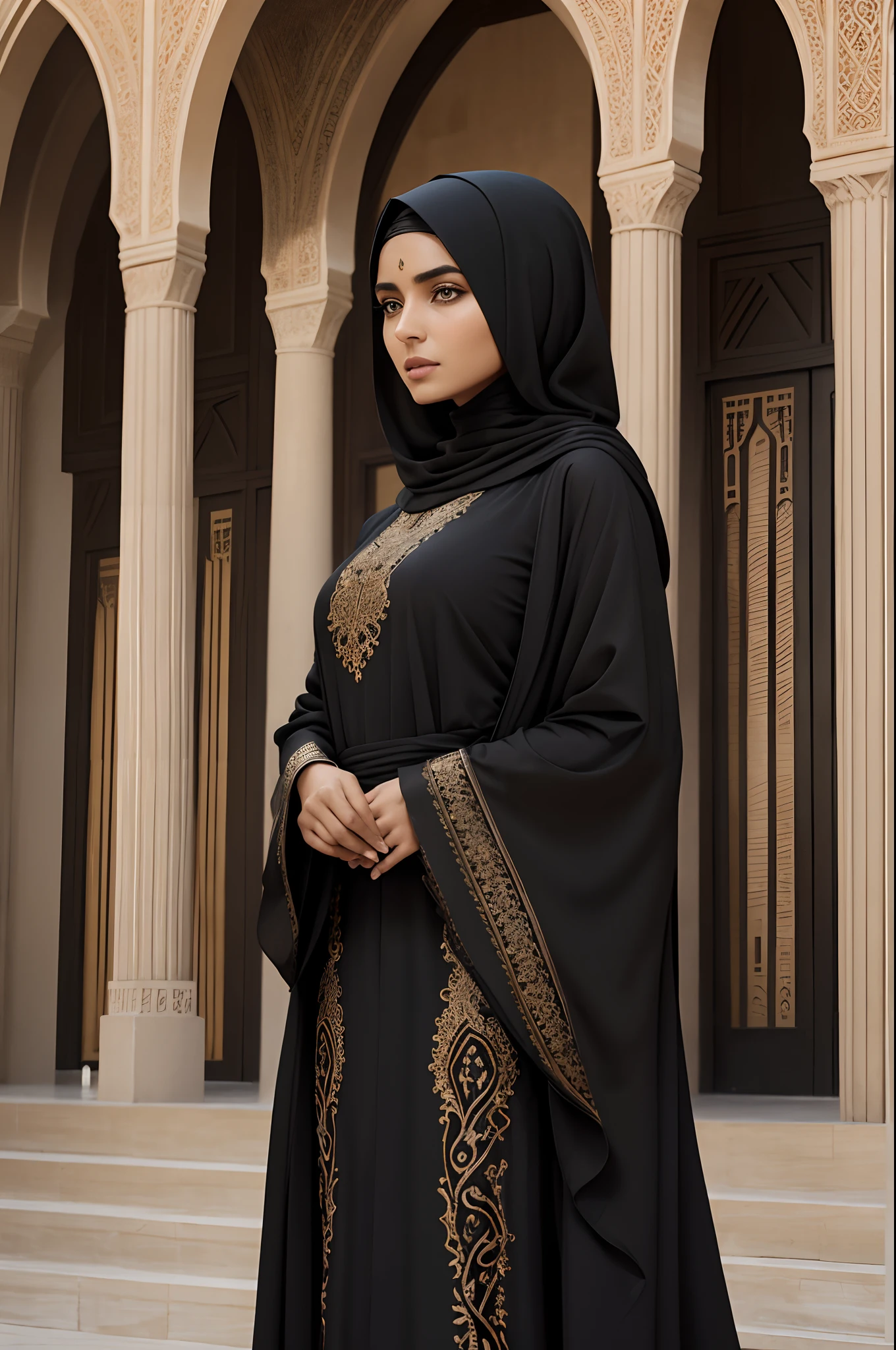 woman in black dress standing in front of a large building, african ameera al taweel, portrait shot, woman in black robes, dressed thobe, intricate details. front on, intricate detailing, subtle details, desert robe, filigran intricate details, finely detailed features, detailed face of an arabic woman, modest flowing gown, side view intricate details