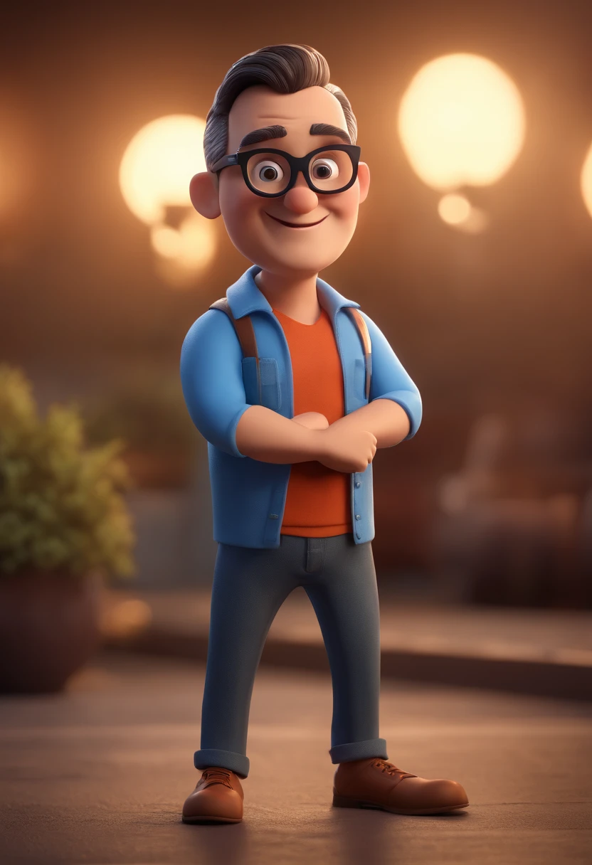 Cartoon character of a man with black glasses and a blue shirt, animation character, Caractere estilizado, animation style rendering, 3D estilizado, Arnold Maya render, 3 d render stylized, toon render keyshot, Personagem 3D, Personagem 3D, 3d rendering stylized, 3 d character render, personagem de desenho animado, Personagem de close up, Pose de personagem,  (Estilo Pixar) (master part:1.2) (Bokeh) (best quality) (pele detalhada) (textura detalhada) (8k) (argila) (Cinematic lighting) (foco nítido