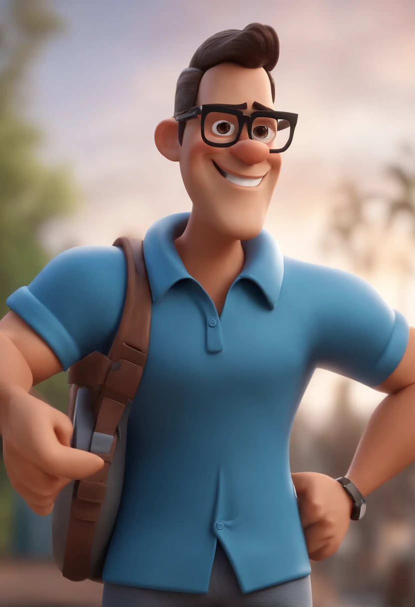 Cartoon character of a man with black glasses and a blue shirt, animation character, Caractere estilizado, animation style rendering, 3D estilizado, Arnold Maya render, 3 d render stylized, toon render keyshot, Personagem 3D, Personagem 3D, 3d rendering stylized, 3 d character render, personagem de desenho animado, Personagem de close up, Pose de personagem, (Estilo Pixar) (master part:1.2) (Bokeh) (best quality) (pele detalhada) (textura detalhada) (8k) (argila) (Cinematic lighting) (foco nítido