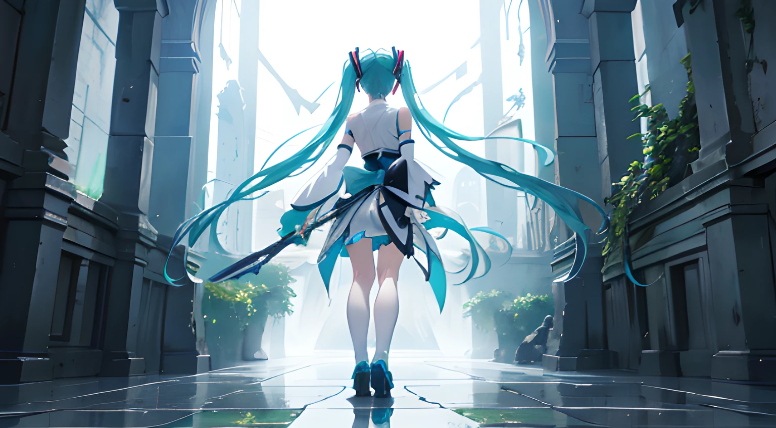 miku hatsune, (Angle from behind:1.1), Sorcerer Adventurer, Small chest, (Contre-Jour:1.2), ancient ruin, specular reflection, (masterpiece), (Best Quality, 8K, High resolution), Ultra-detailed, (Realistic), Vibrant colors,