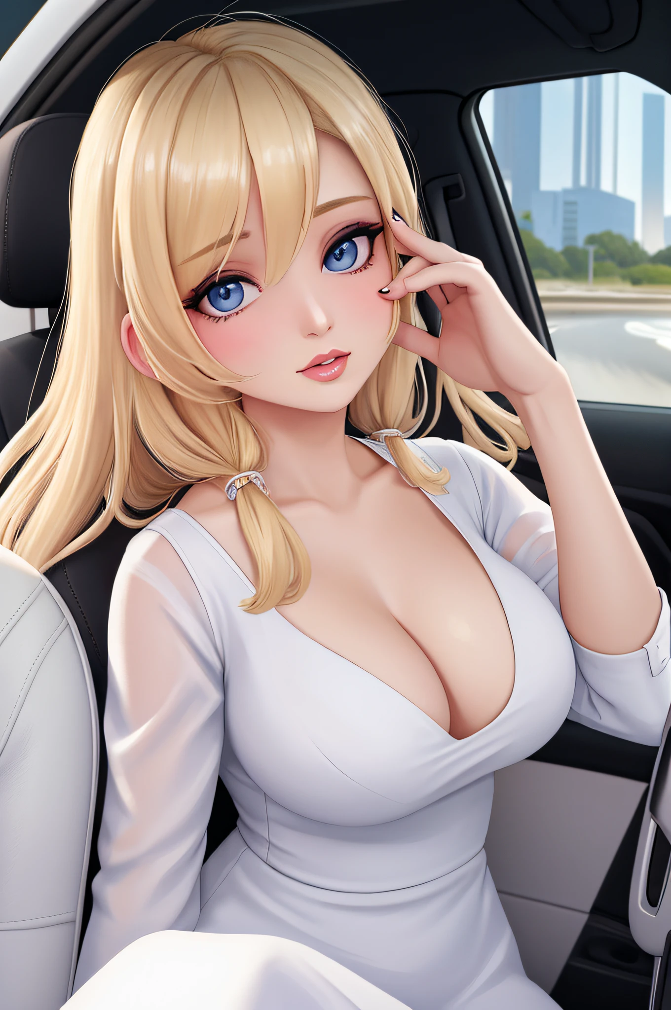 Blonde woman in white dress sitting in car with her hand on her head, sedutora, seios grandes, labios carnudos, despir, nua, gostosa, surrealista, embelezar, 8k, futuristico