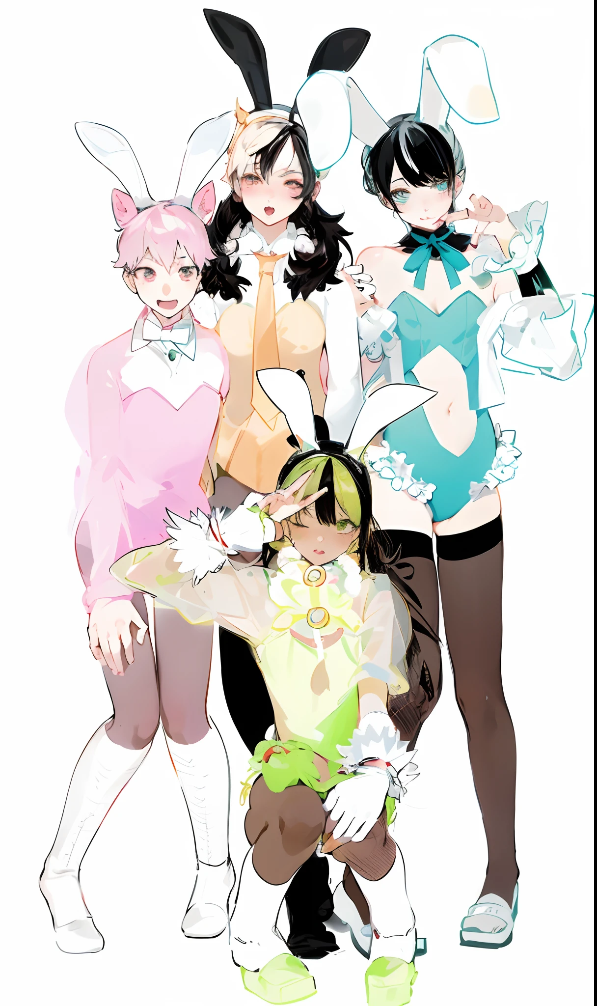 anime characters dressed in bunny ears and bunny tails posing for a picture, perfect android girl family, full_body!!, with bunny ears, various pose, ecchi anime style, anime styled, :14 80s anime style, ecchi style, happy!!!, pixiv style, digital anime art!!, kemonomimi, lolish