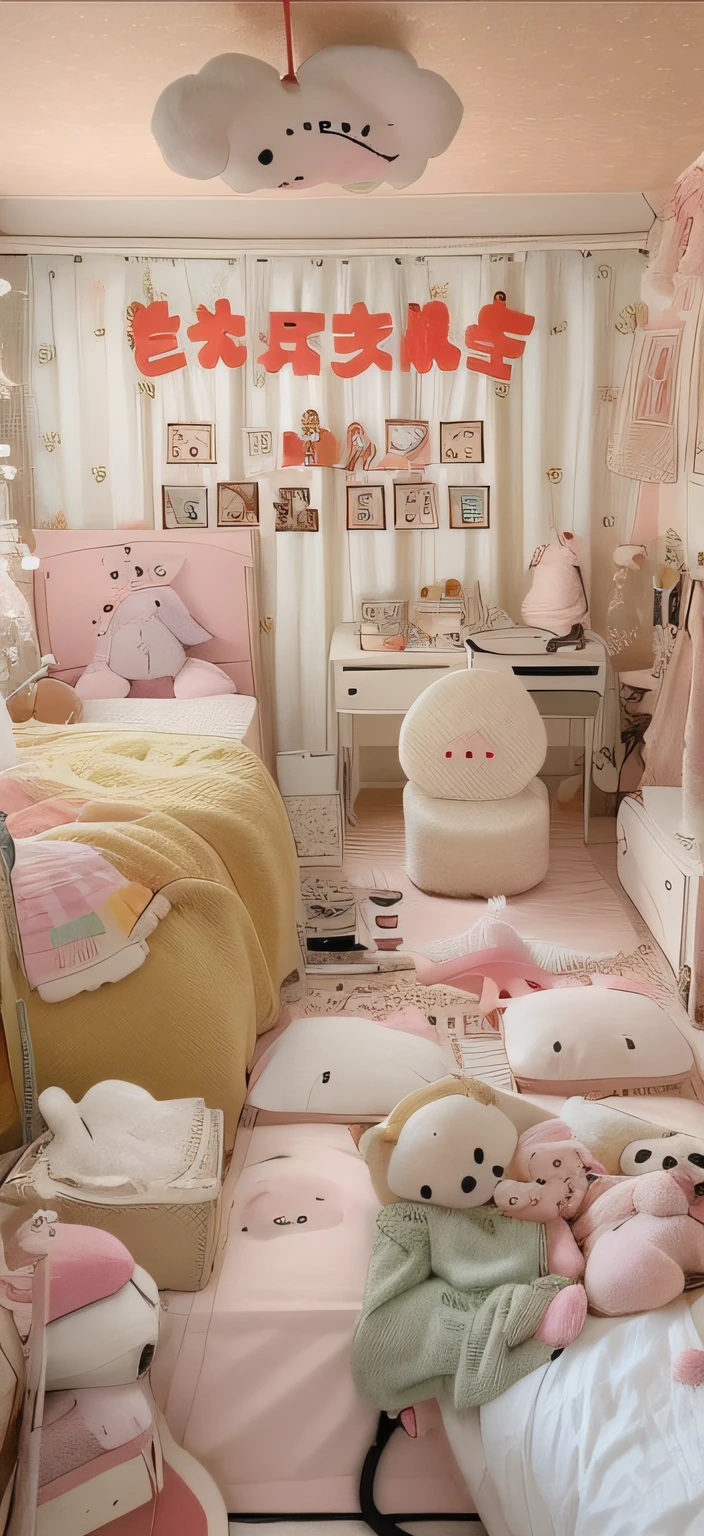 There were plenty of stuffed animals and TV in the room, cute room, personal room background, kawaii aesthetic, Bed room, cottagecore!!, cute design, Girl's room, cream - colored room, bedroom background, in small room, bed is not made, in a  bedroom!!!!!!!!!!!!!!!!!!!!, 8K)), Spooky teenage bedroom, beautiful aesthetic design