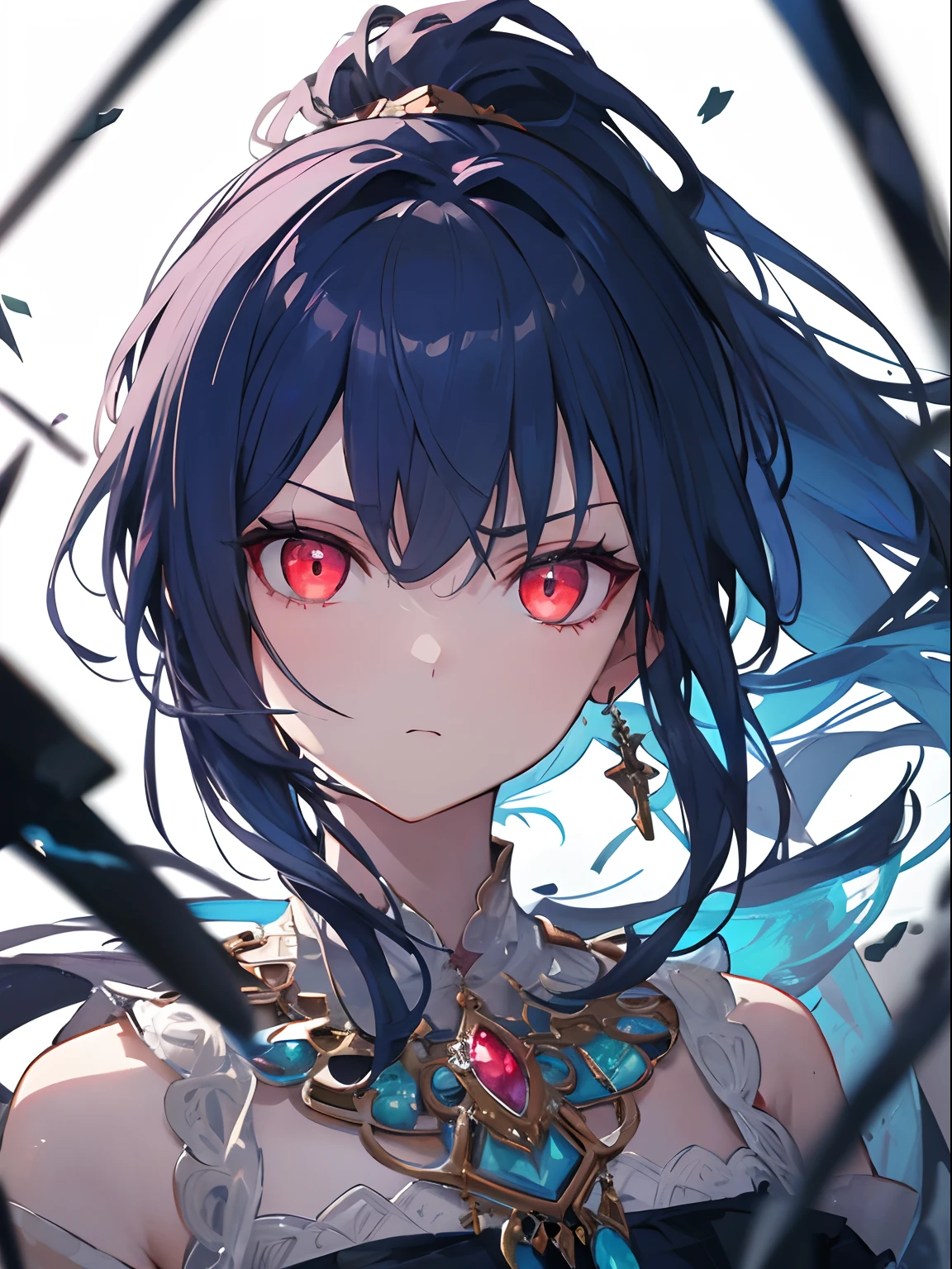 Studio quality shot, ((masterpiece)), ((best quality)), high detail, (perfect composition), beautiful shot of a girl, glowing red eyes, glowing hair, bright blue hair, around her is floating pieces of glass, broken glass, sharp eyes, serious look, necklace, earring, ponytail, beautiful eyes, head shot, Dutch angle, award-winning, ((high detailed)), intricate, 4k, high quality CG, white background