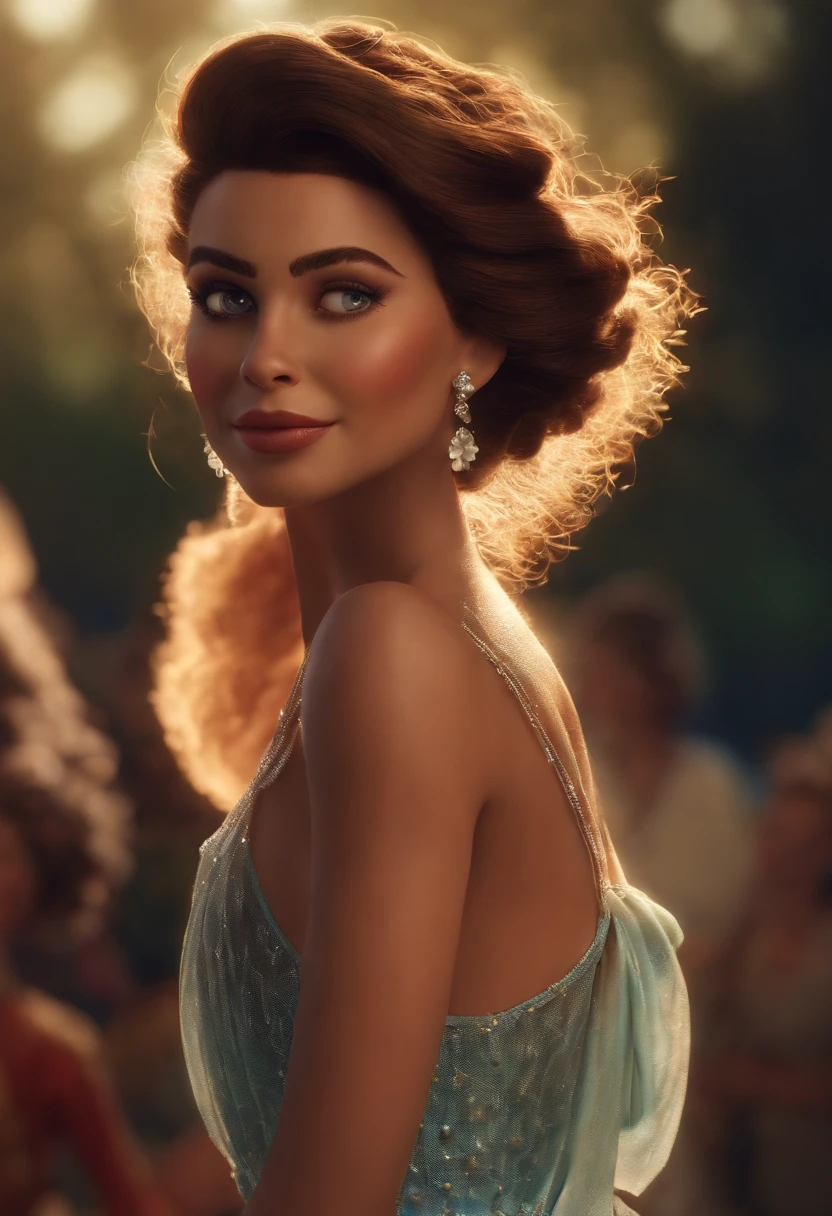 Imagem estilo Pixar com personagem 3D mulher morena cabelo cacheado longo escuro, Dancing, Maquiagem Disney,Pescador, bonitinho, sorridente ,Close-up, Pixar, Disney, Cinema lighting, vestindo terno azul