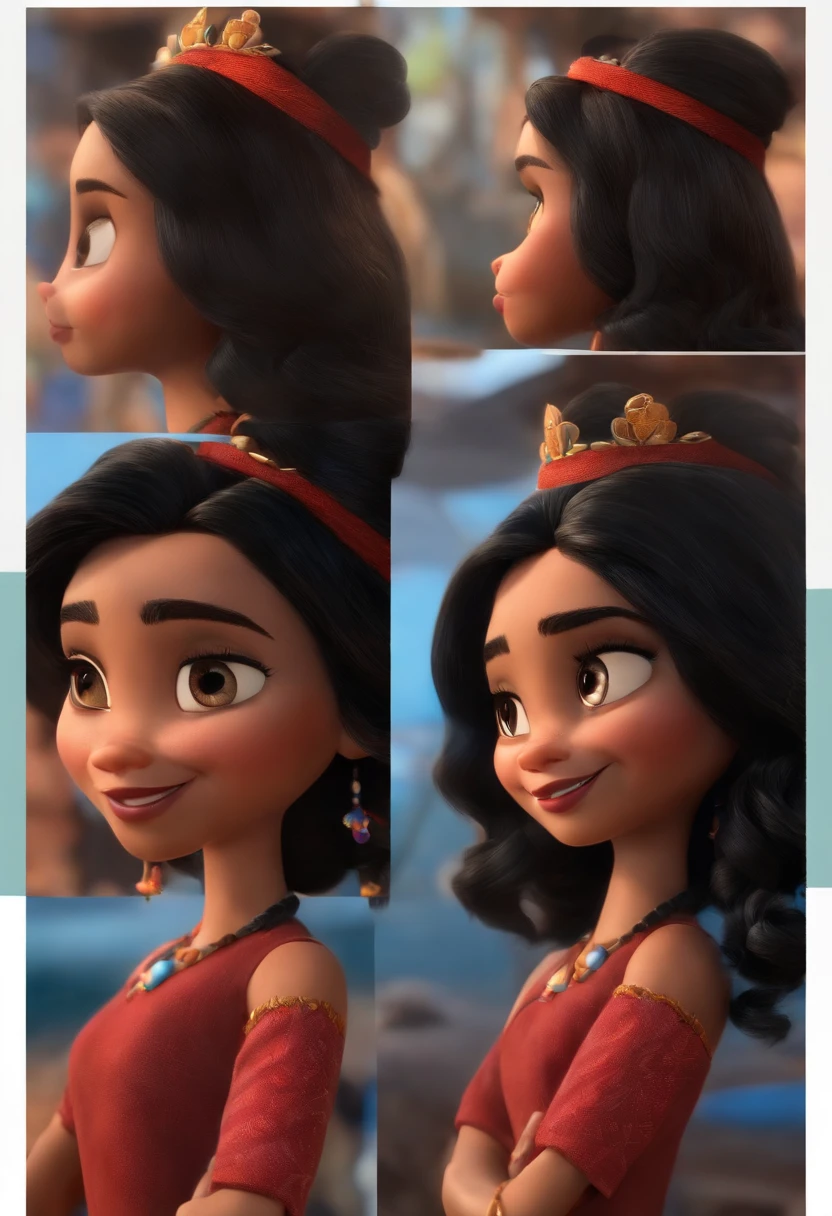 Imagem estilo Pixar com personagem 3D mulher morena cabelo cacheado longo escuro, Dancing, Maquiagem Disney,Pescador, bonitinho, sorridente ,Close-up, Pixar, Disney, Cinema lighting, vestindo terno azul