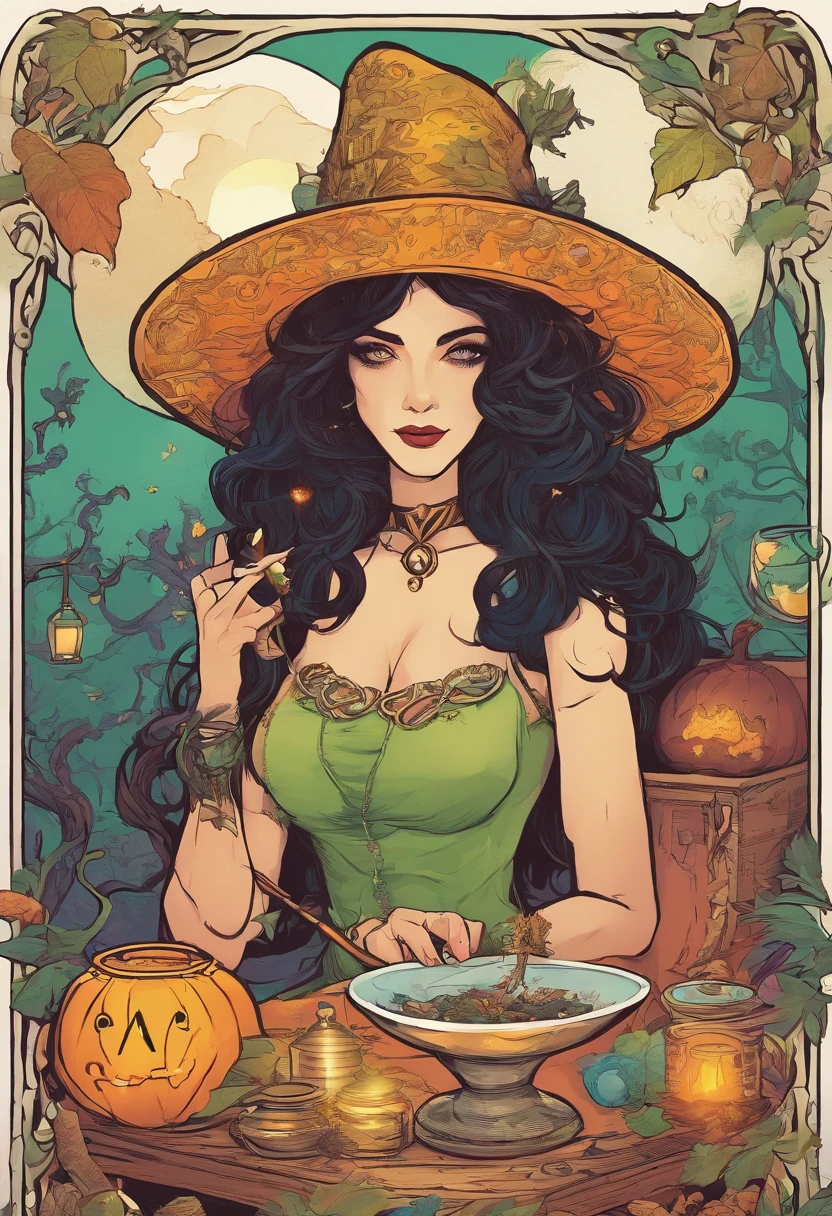 A Beautiful Natural Witch, with medium and black hair, olhos verdes e sexy. In the middle of a room full of magic potions, witch cauldron, cristais e cartas de tarot. luzes coloridas, fotografia surreal, Retrato
