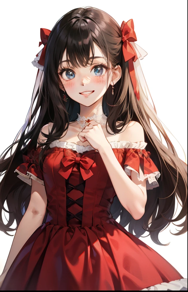 girl with、Background white、without background、A dark-haired、The long-haired、with blush cheeks、Embarrassing、Red dress、onepiece、frilld、bow ribbon、Smiling、kawaii、without background