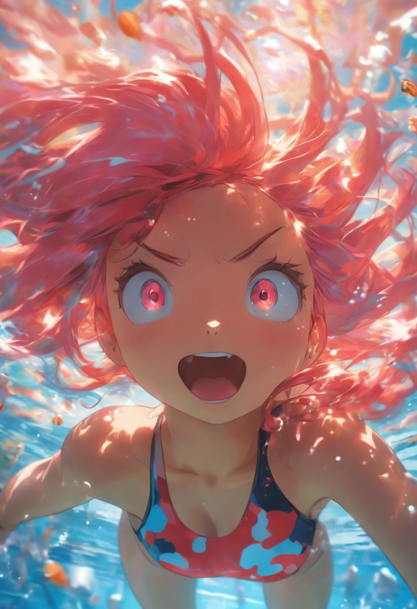 foreshortening, depth of field, masterpiece, best quality, 1girl, pink hair, red eyes, long hair, underwater, air bubble, solo, looking at viewer, school swimsuit, swimming, dappled sunlight, teasing tounge