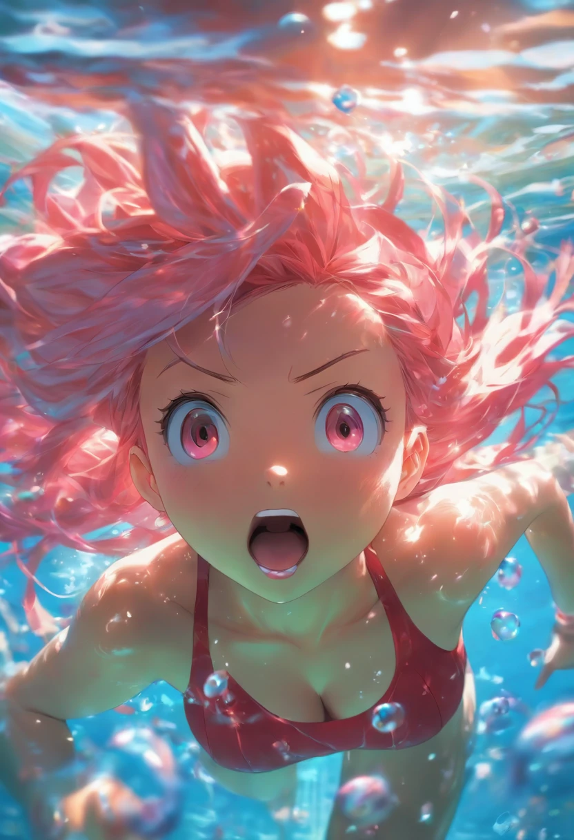 foreshortening, depth of field, masterpiece, best quality, 1girl, pink hair, red eyes, long hair, underwater, air bubble, solo, looking at viewer, school swimsuit, swimming, dappled sunlight, teasing tounge